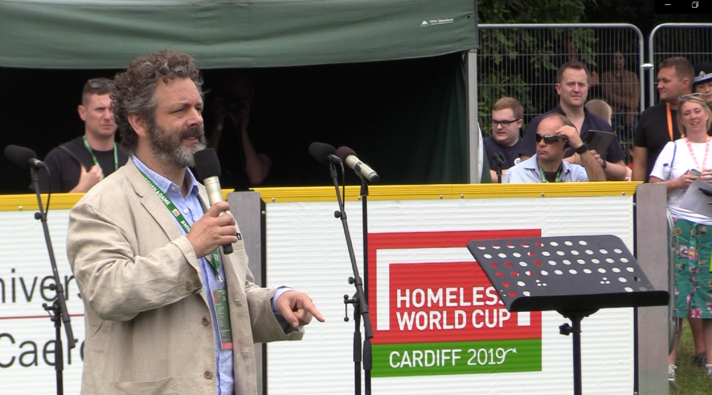 Actor Michael Sheen delivers the opening address at the 2019 Homeless World Cup in Cardiff, Wales