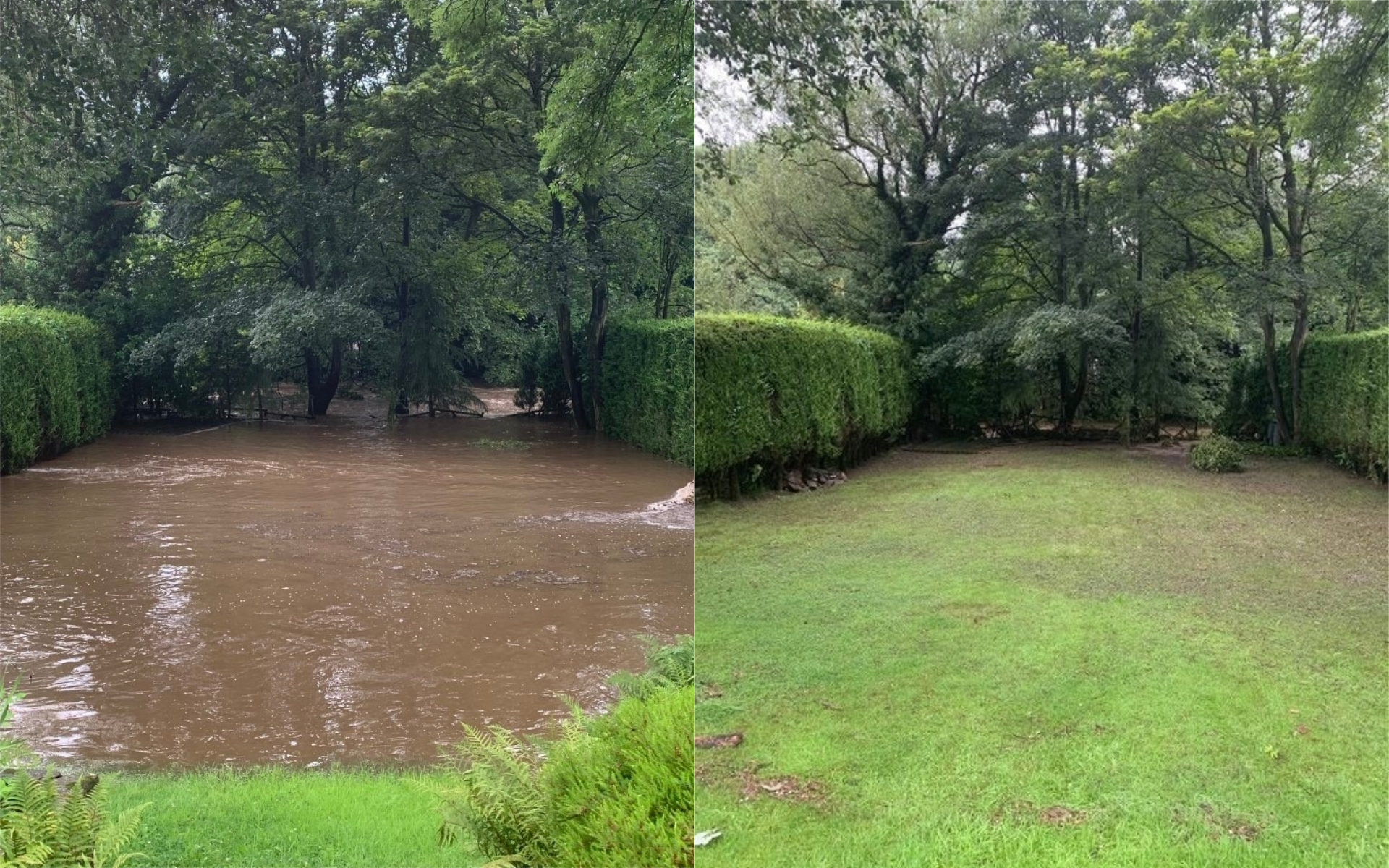 Ms Sillitoe's garden during and after Wednesday's flooding