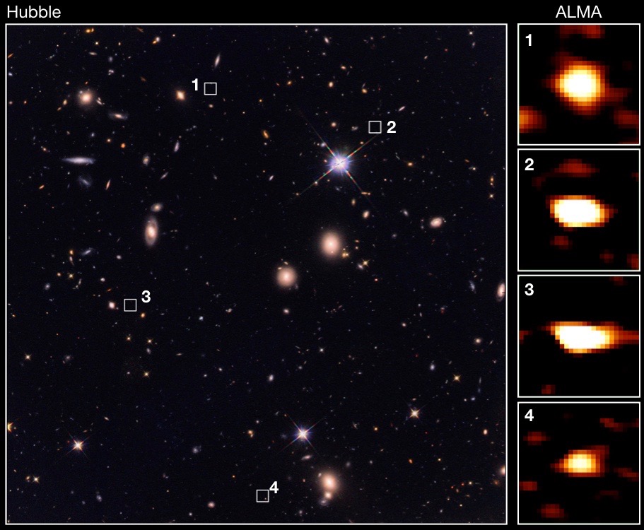 Ancient galaxies from the study are visible to ALMA (right) but not to Hubble (Wang et al/PA)
