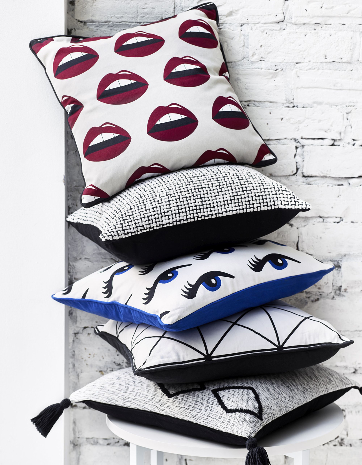 George Lips, Eyes, Mono and textured weave stacked cushions