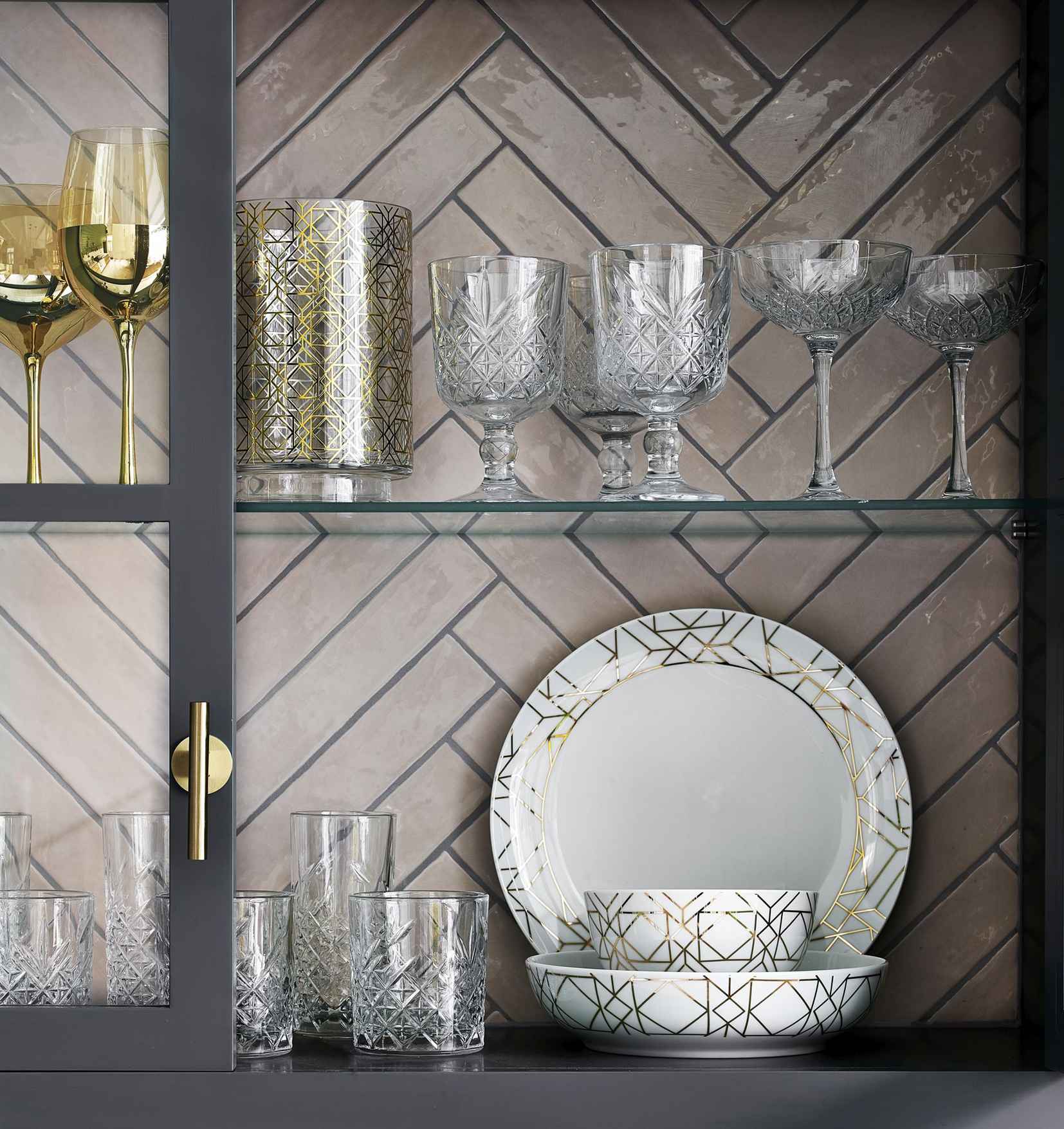 George Home selection of wine glasses, cocktail glasses and Metallic Geo 12 piece dinner set
