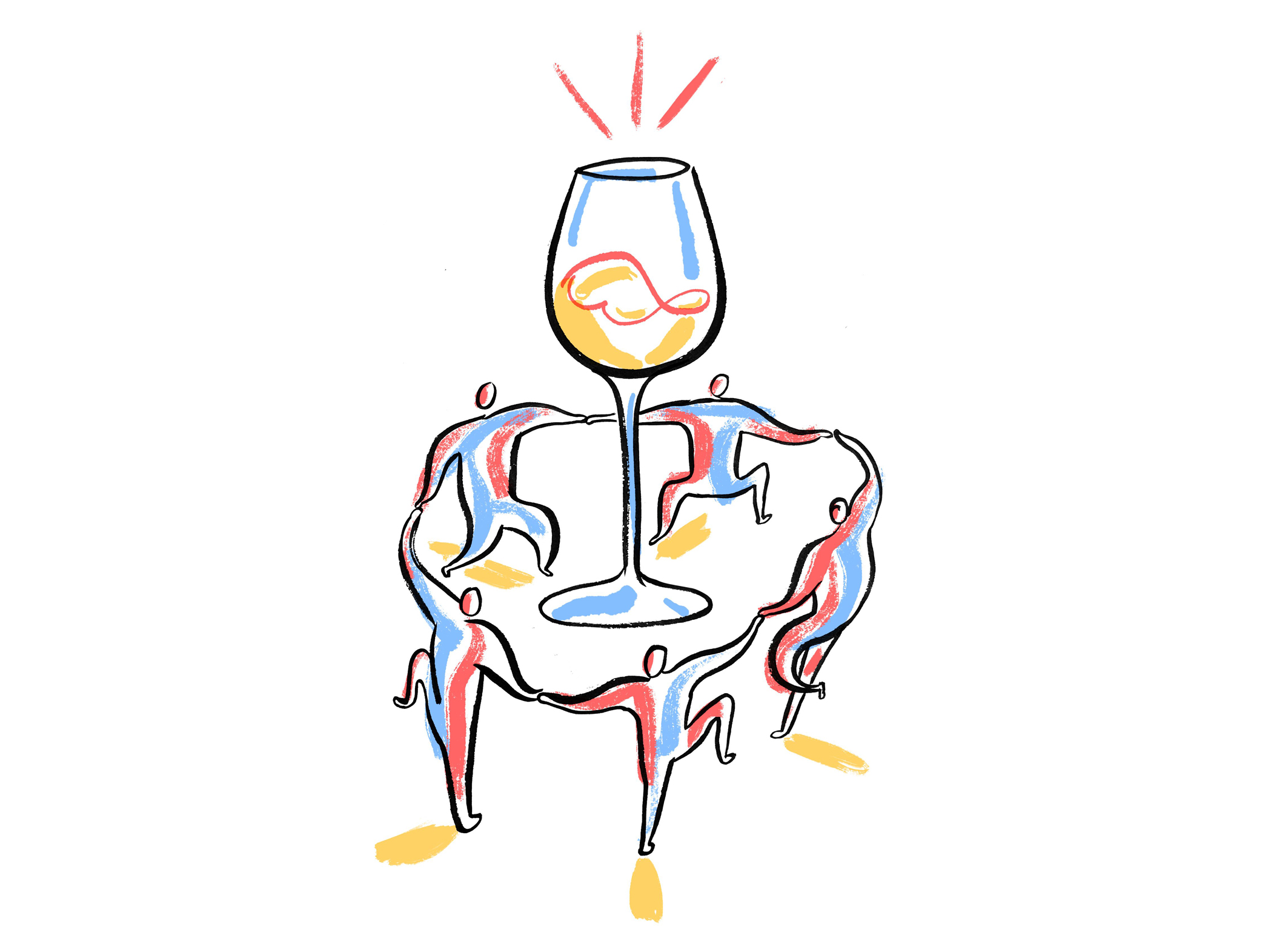 Illustration of wine glass surrounded by dancers