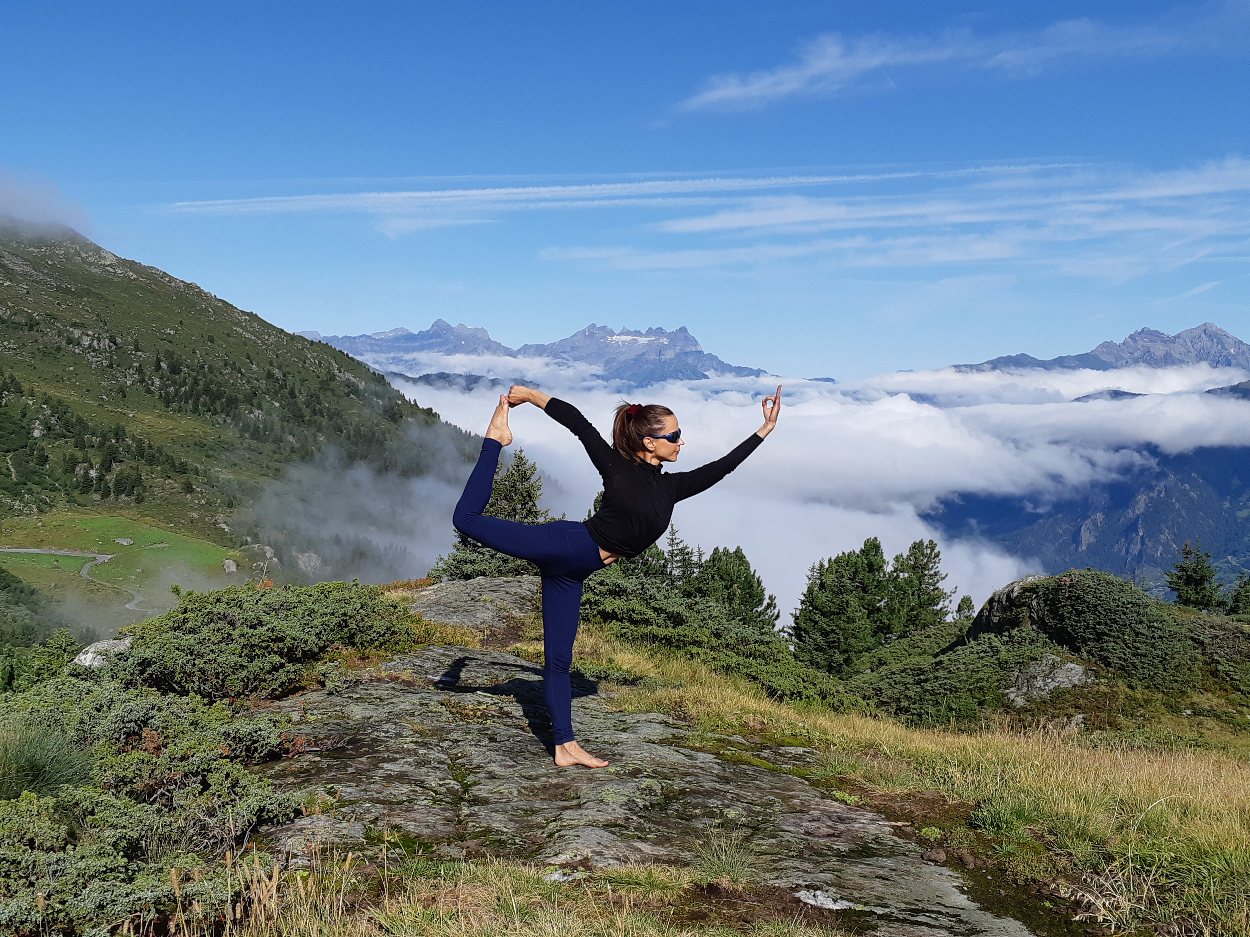 A yoga session on top of the mountain at Cabane Brunet (Priya Joshi/PA)