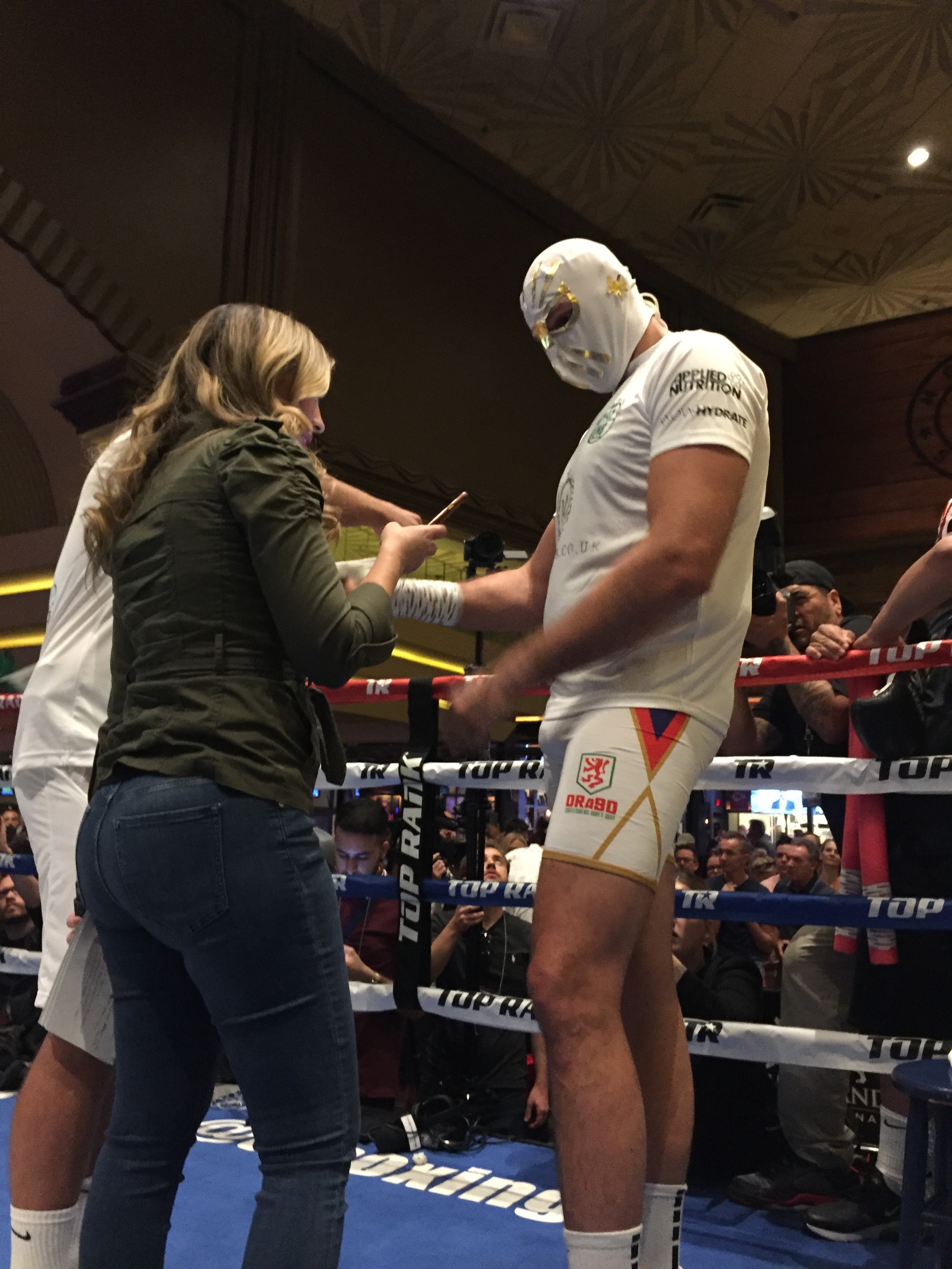 Tyson Fury in a Mexican wrestler's mask at his workout at the MGM Grand in Las Vegas ahead of a fight against Otto Wallin