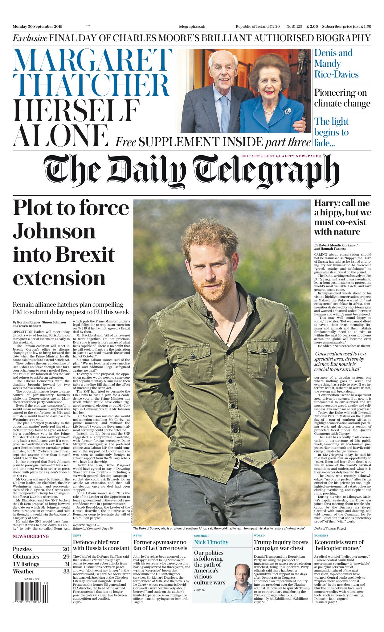 The front page of Monday's Telegraph (Daily Telegraph)