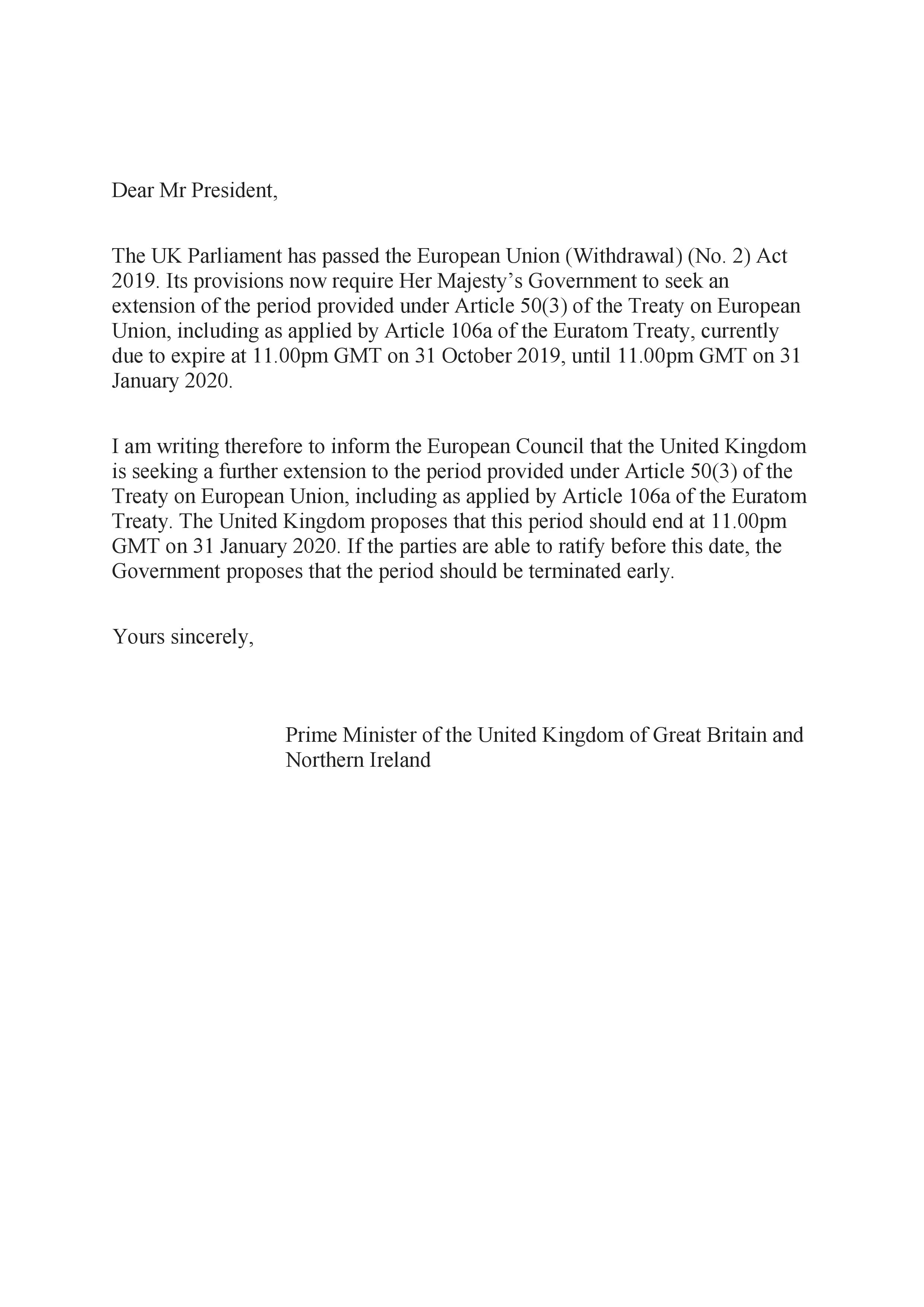 Unsigned letter from Boris Johnson to Donald Tusk