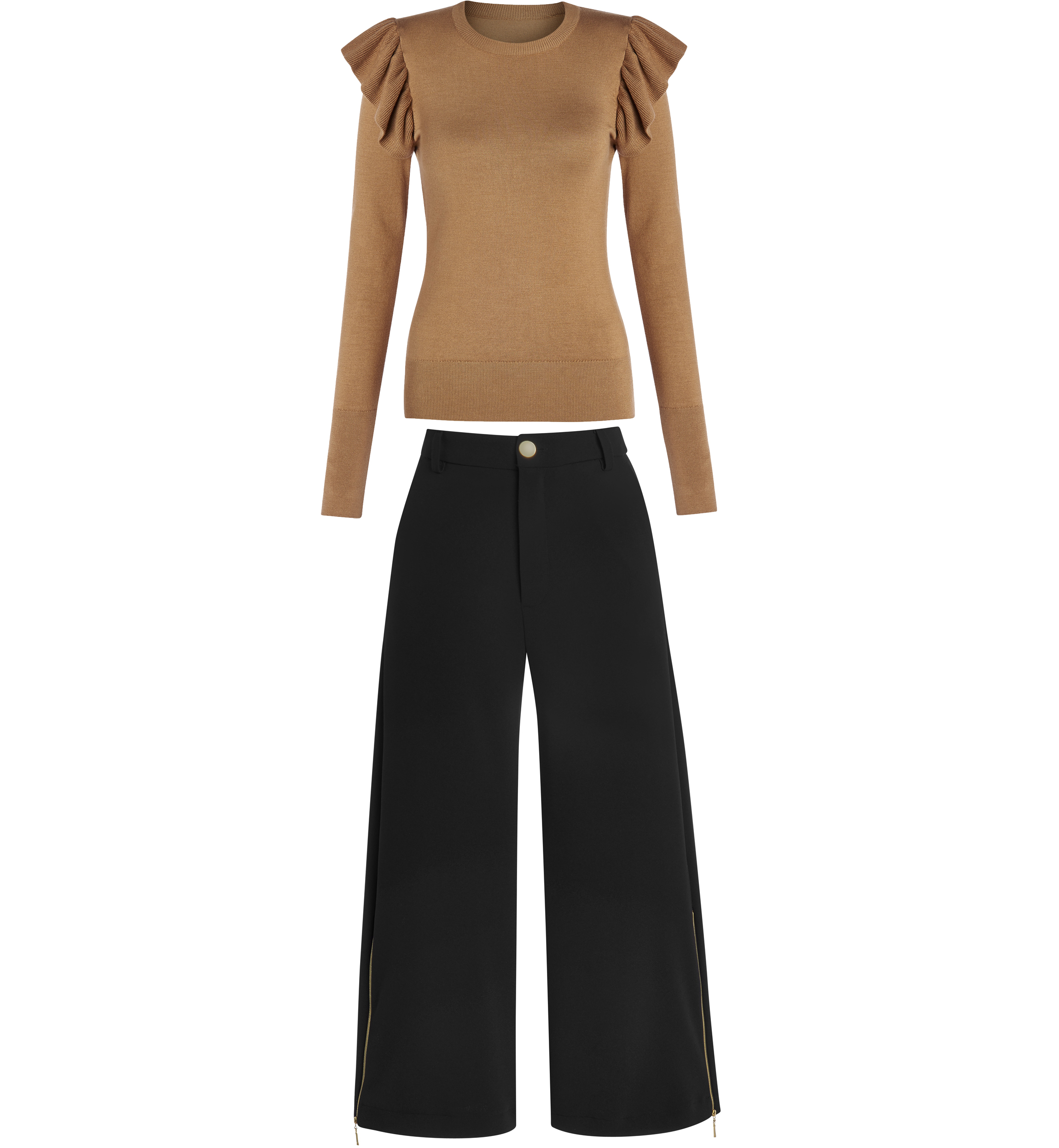 Sosandar Camel Frill Shoulder Detail Jumper; Black Gold Zip Detail Culottes