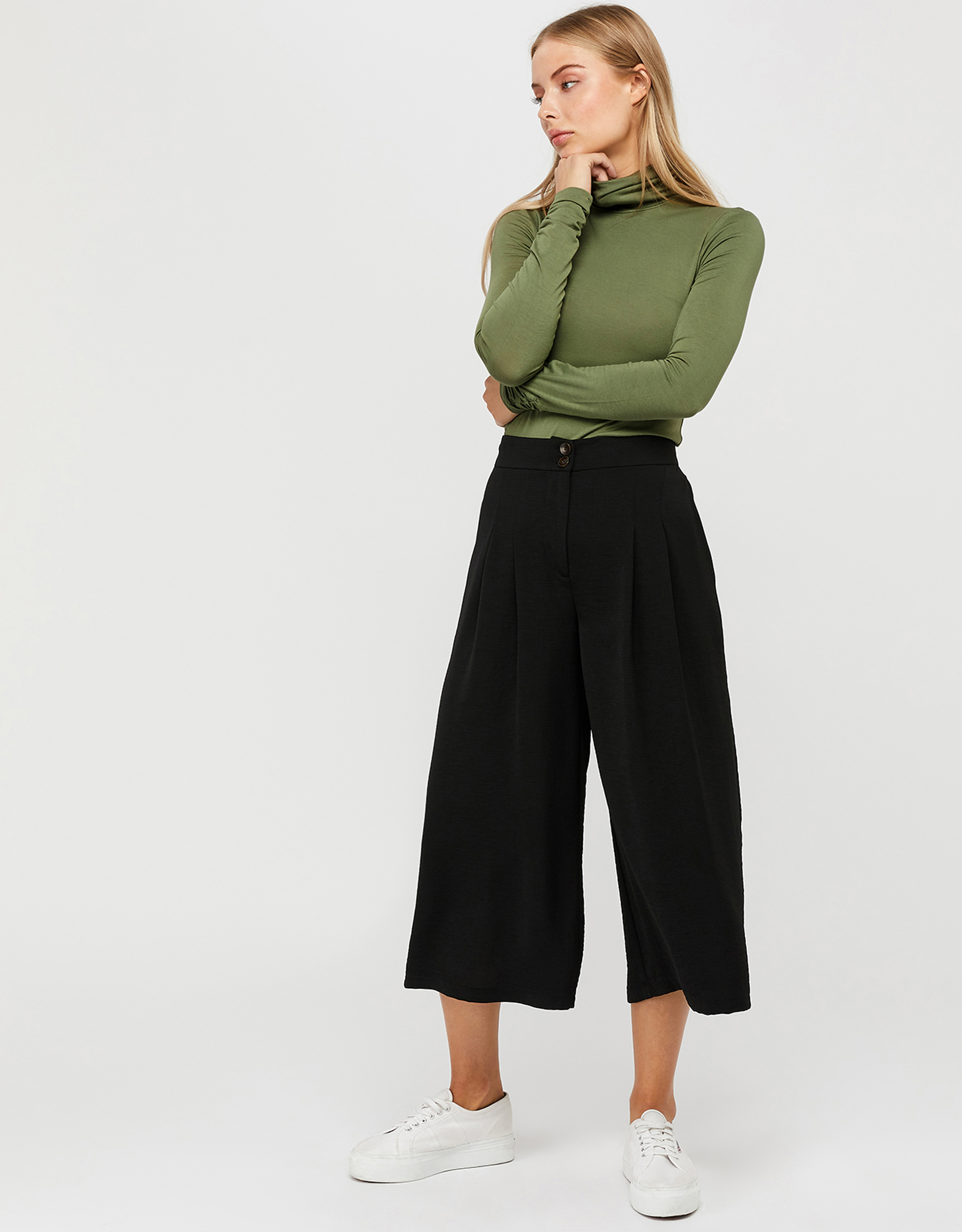 Monsoon Tony Turtle Neck Top, £22; Carrie Smart Culottes; Superga 901 Flatform Lace Up Trainers