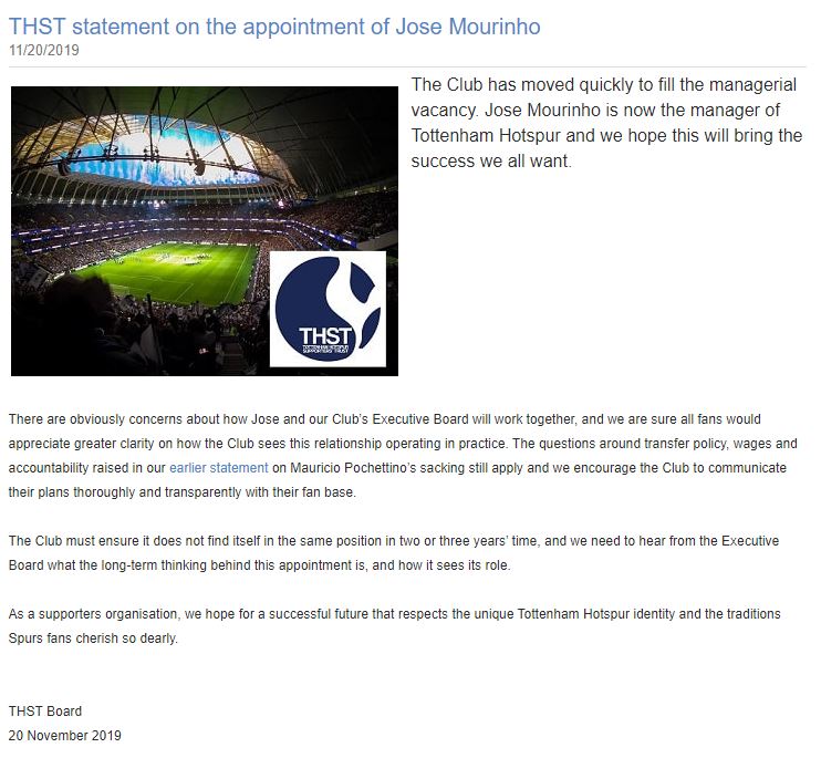 Fans group reveals concerns following Mourinho appointment