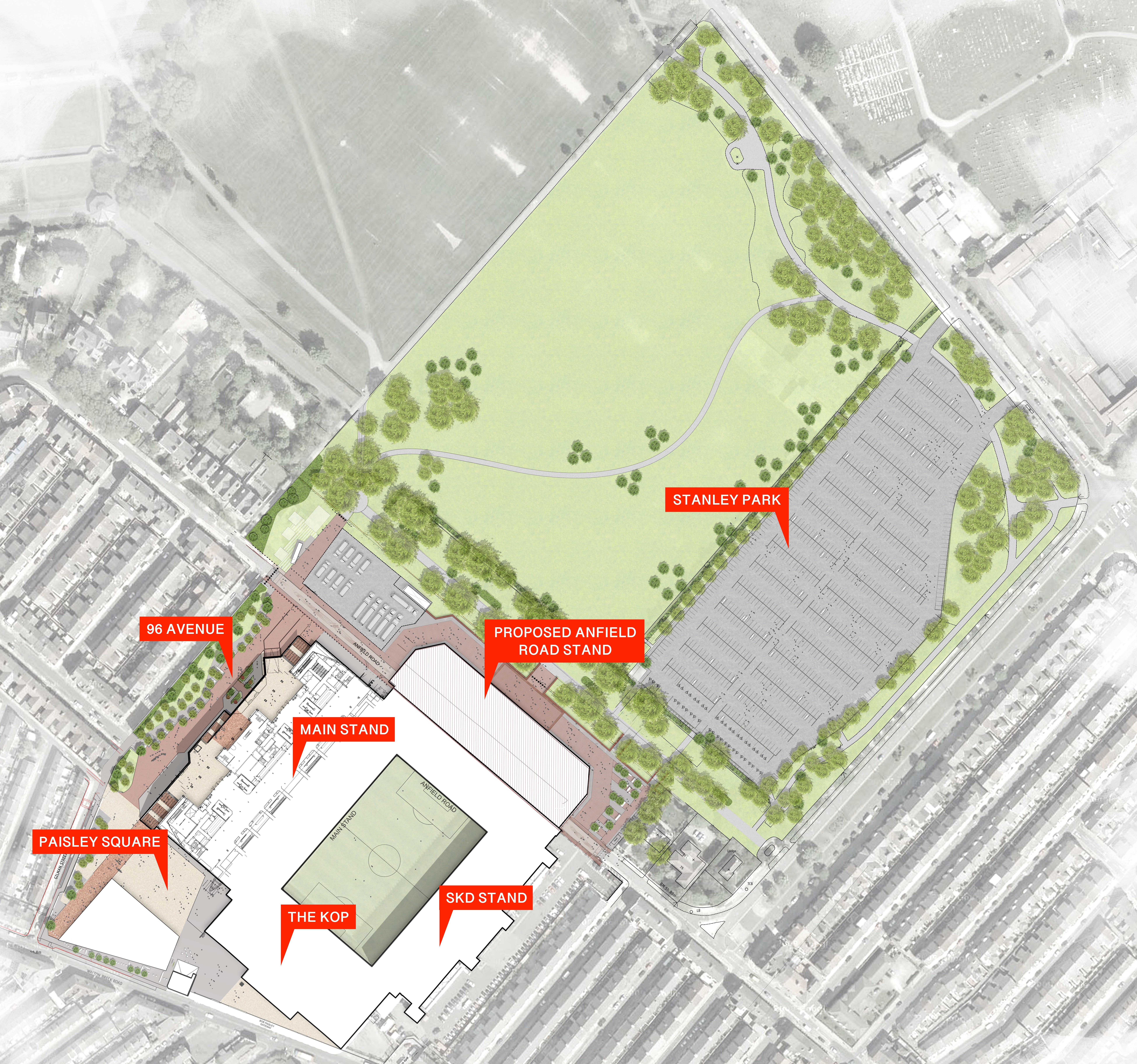 Liverpool's plans for redevelopment of Anfield will see the stadium extended towards Stanley Park, closing a section of Anfield Road
