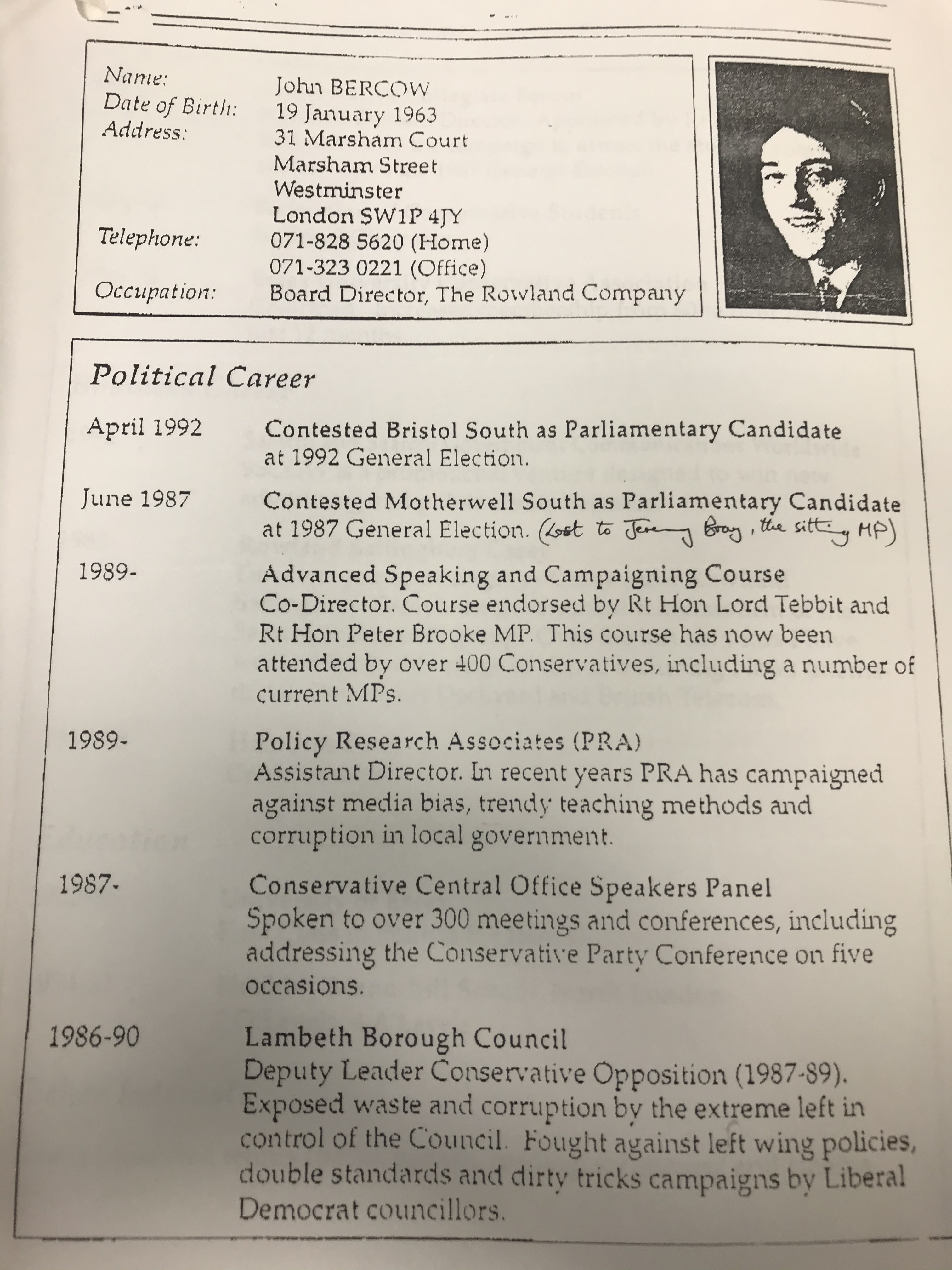 A copy of John Bercow's CV from 1995 (Ryan Hooper/PA)