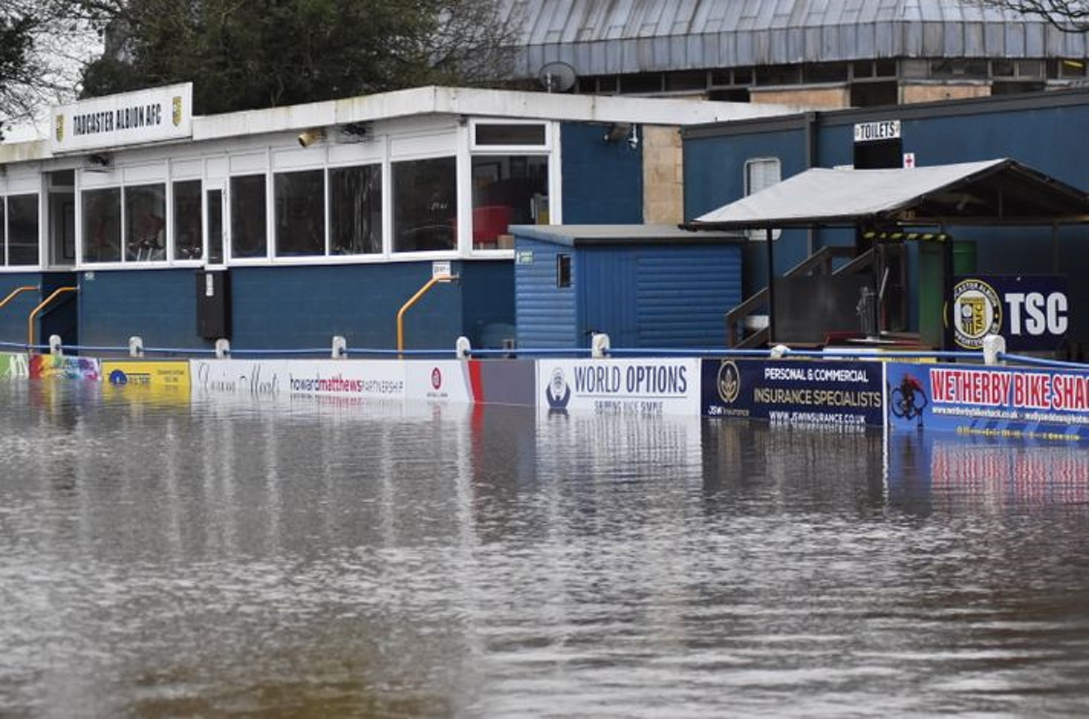 Tadcaster Albion's football pitch submerged under water after flooding