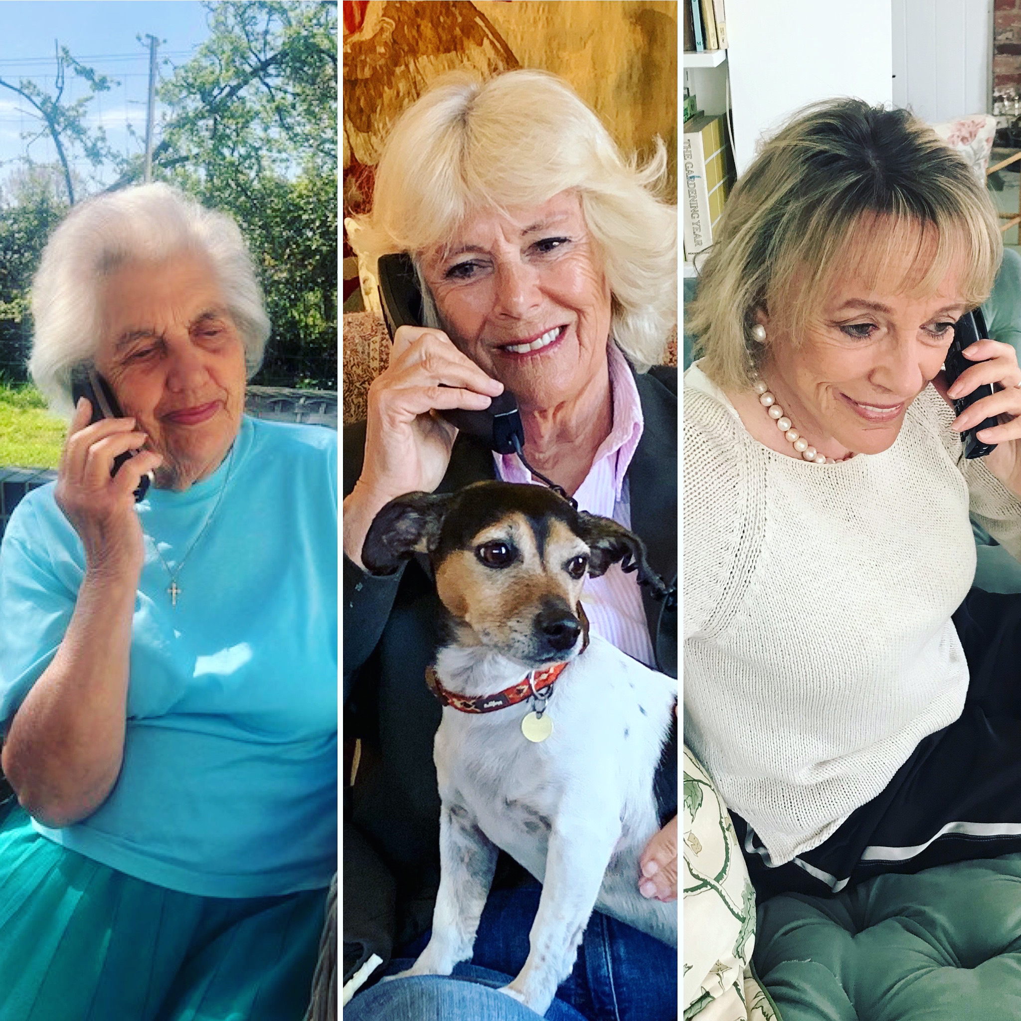 Camilla (centre) chats to Silver Line user Betty (left) and the helpline's founder Dame Esther Rantzen.