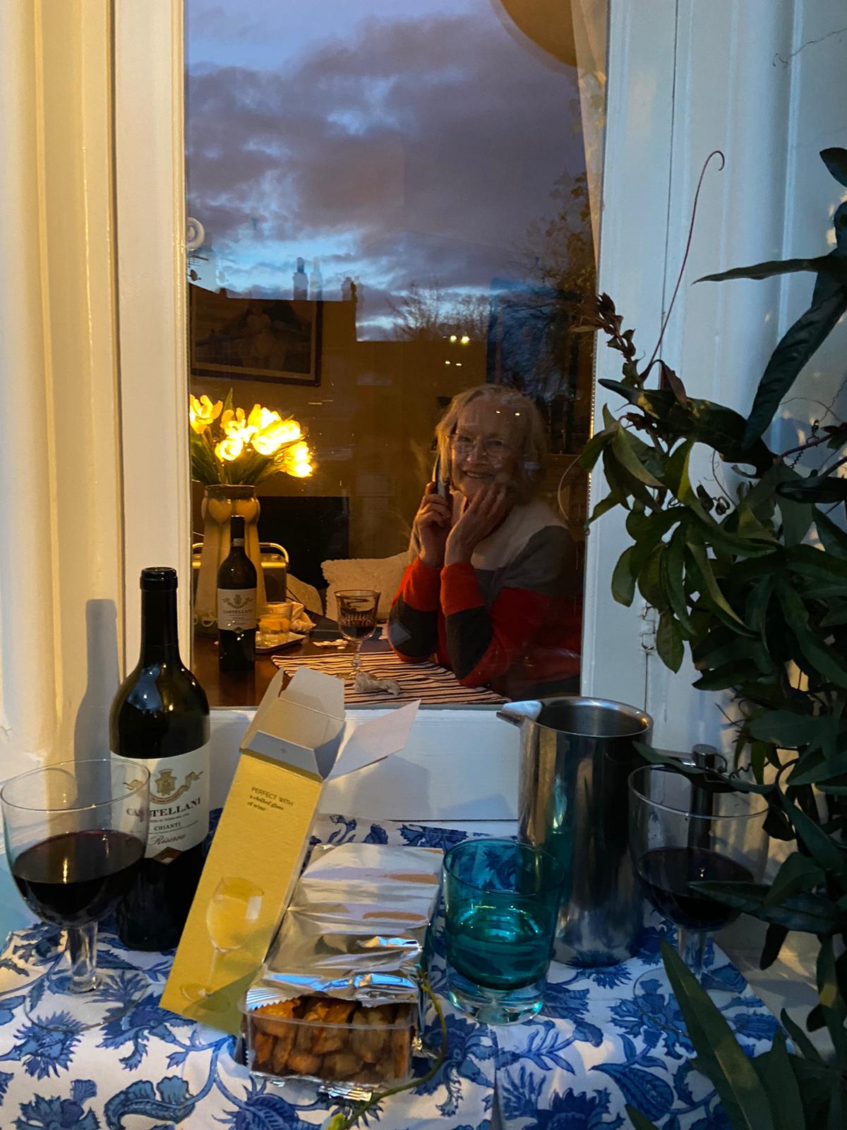 Tag Doogan, 79, enjoying a socially distanced dinner with friends after giving up smoking and improving her health.