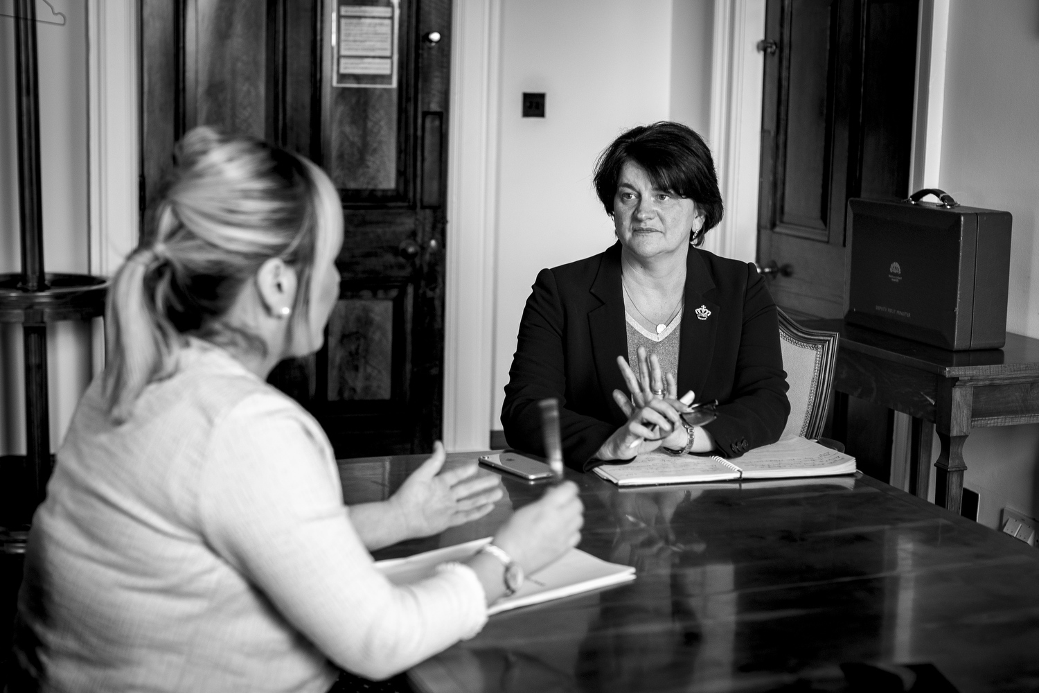 Mrs Foster and Ms O’Neill chat before a joint call with business representatives