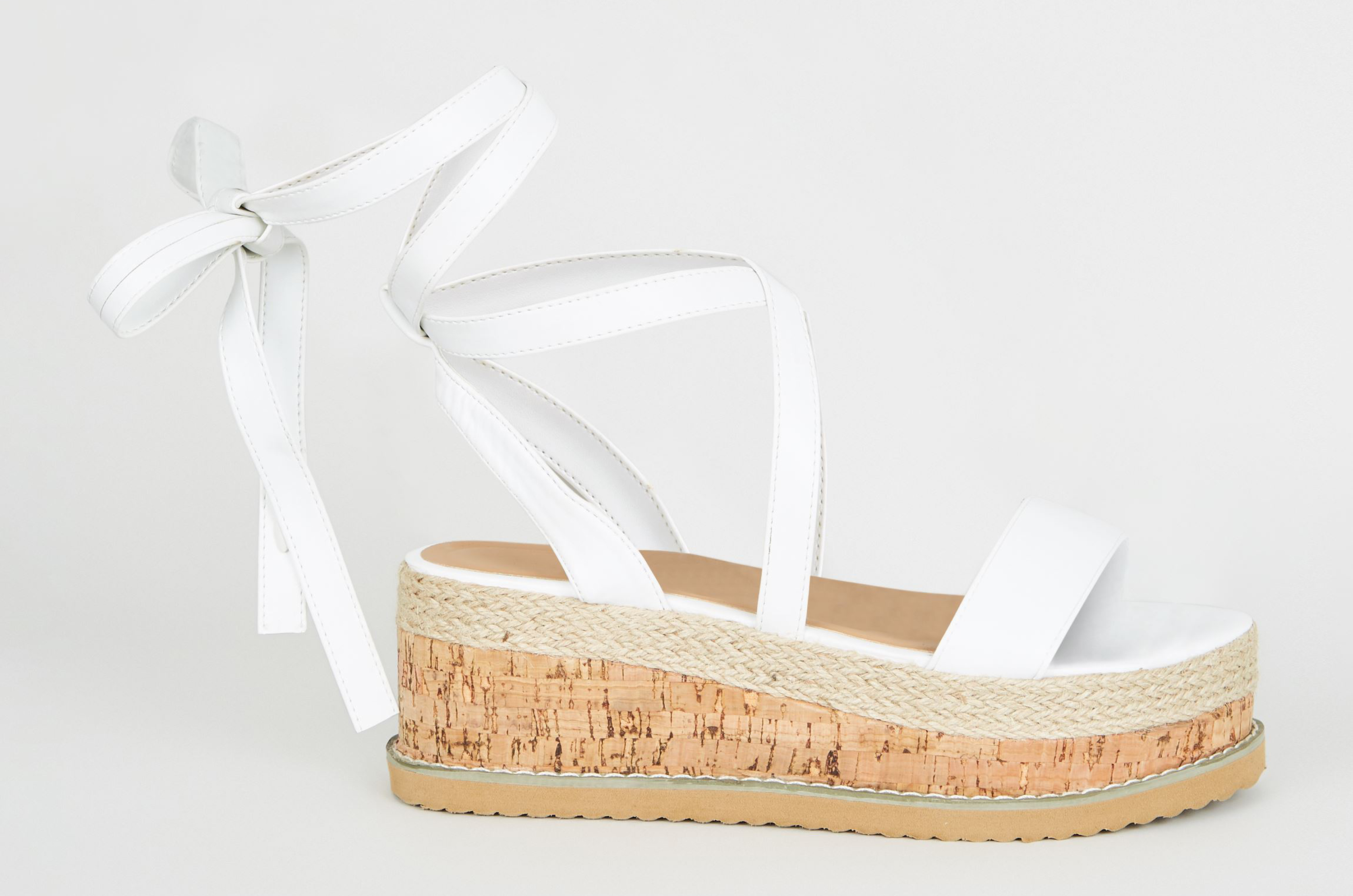 New Look White Leather-Look Ankle Tie Flatform Sandals
