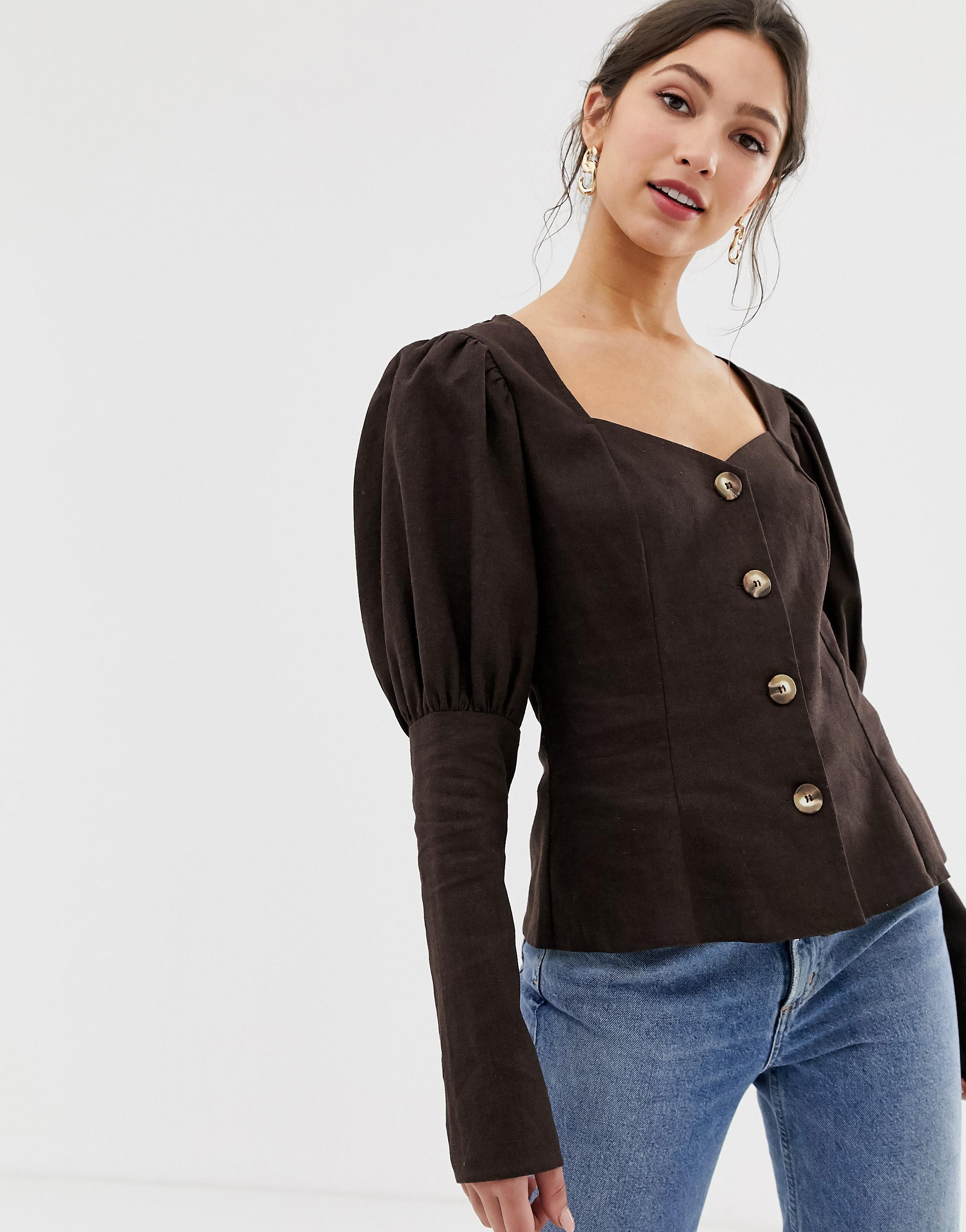 ASOS DESIGN Long Sleeve Sweetheart Neck Top in Linen with Contrast Buttons, £10.50 (was £30.00); jeans out of stock, ASOS