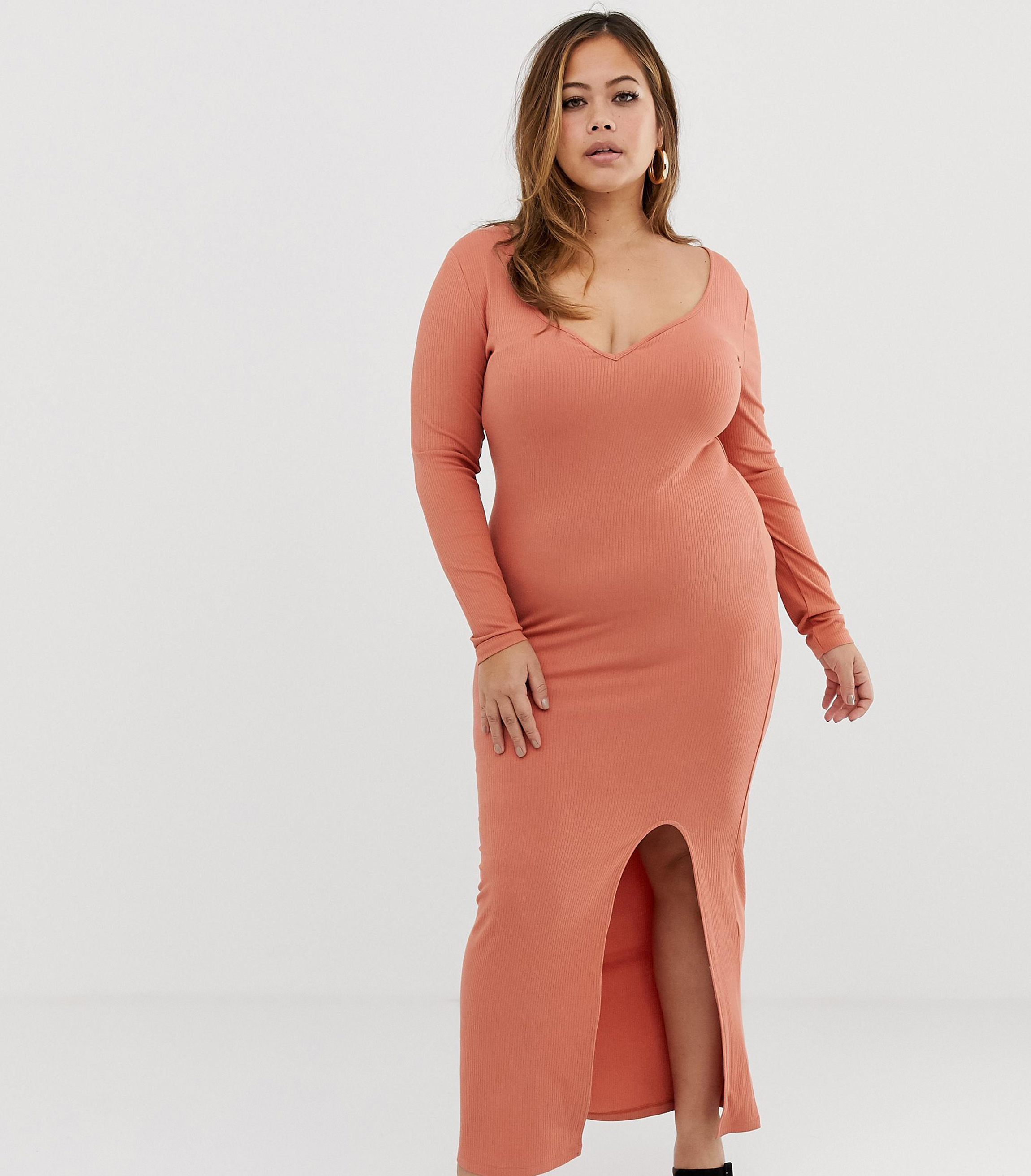 ASOS DESIGN Curve Rib Maxi Dress with Sweetheart Neck and Split, £8 (was £22); shoes out of stock, ASOS