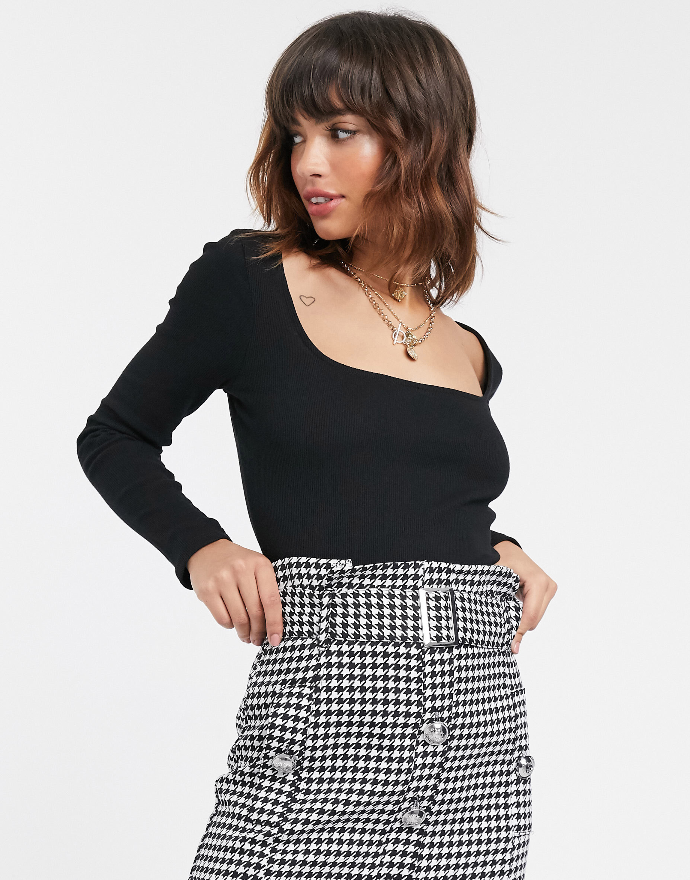 River Island Long Sleeved Square Neck Top in Black, £12; skirt out of stock, ASOS