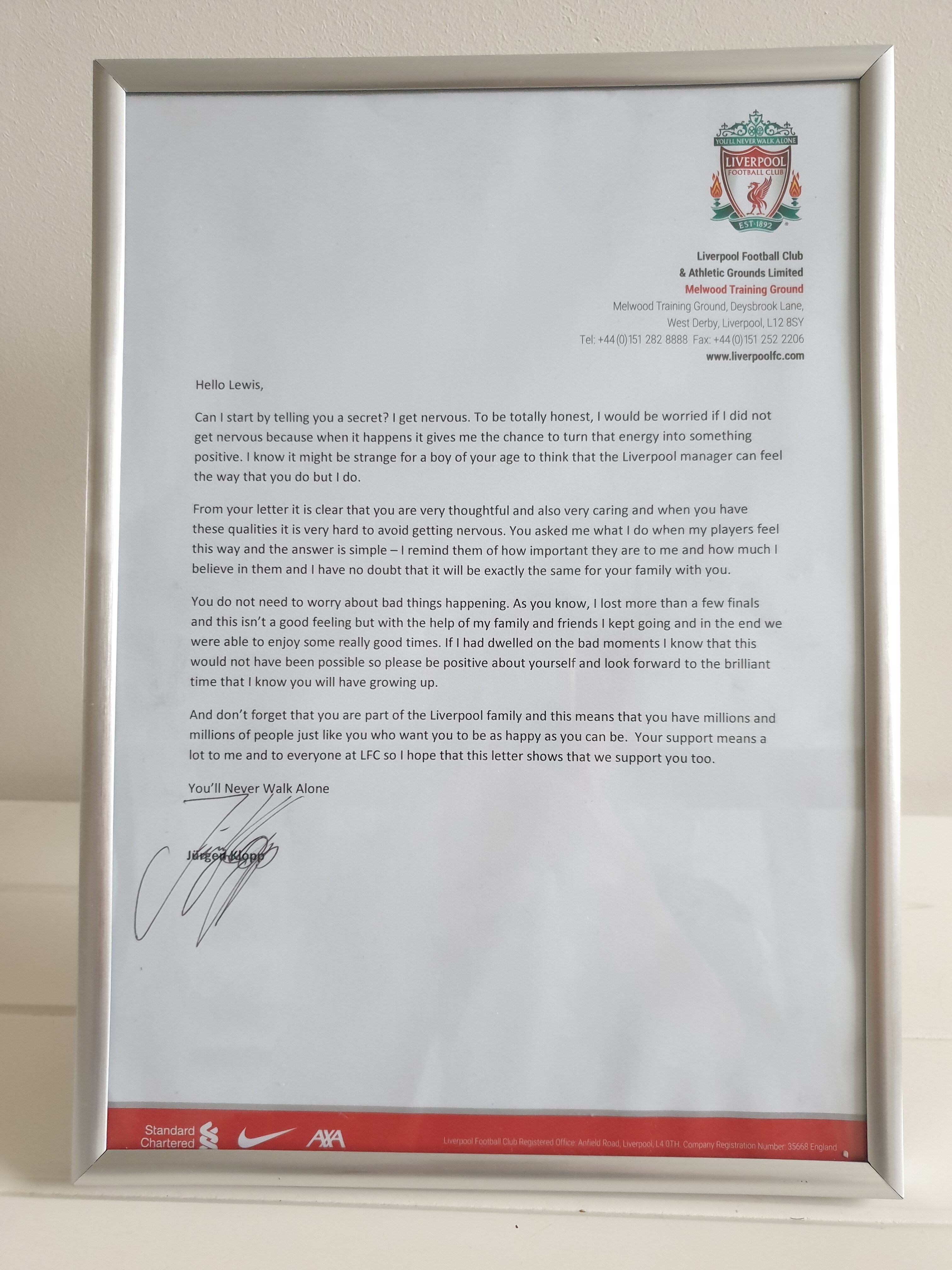 The framed letter from Jurgen Klopp to Lewis