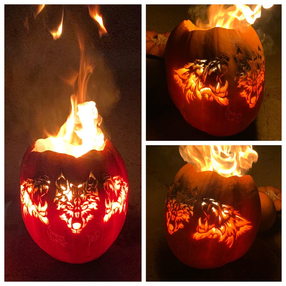 A pumpkin made in the image of Cerberus the three-headed dog