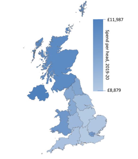 Map of the UK showing public spending levels