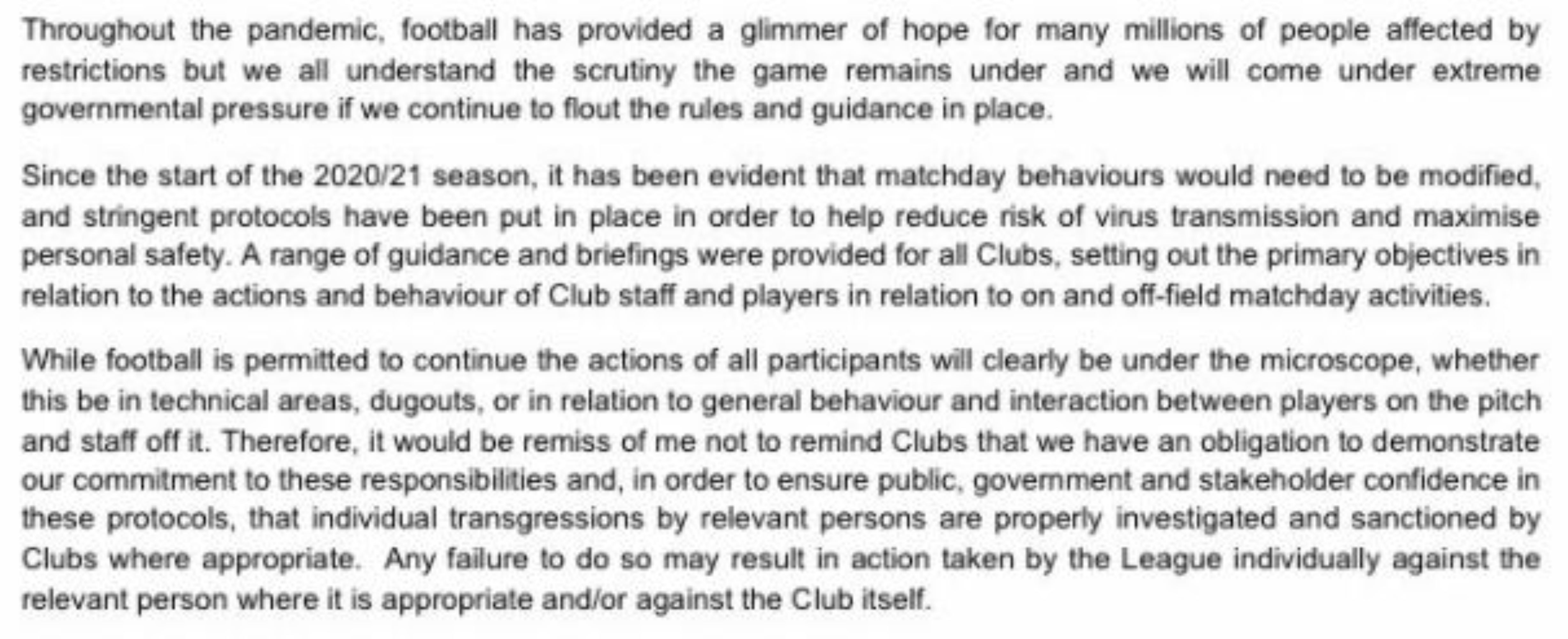 Extract from a letter sent by EFL chief executive Trevor Birch to league clubs
