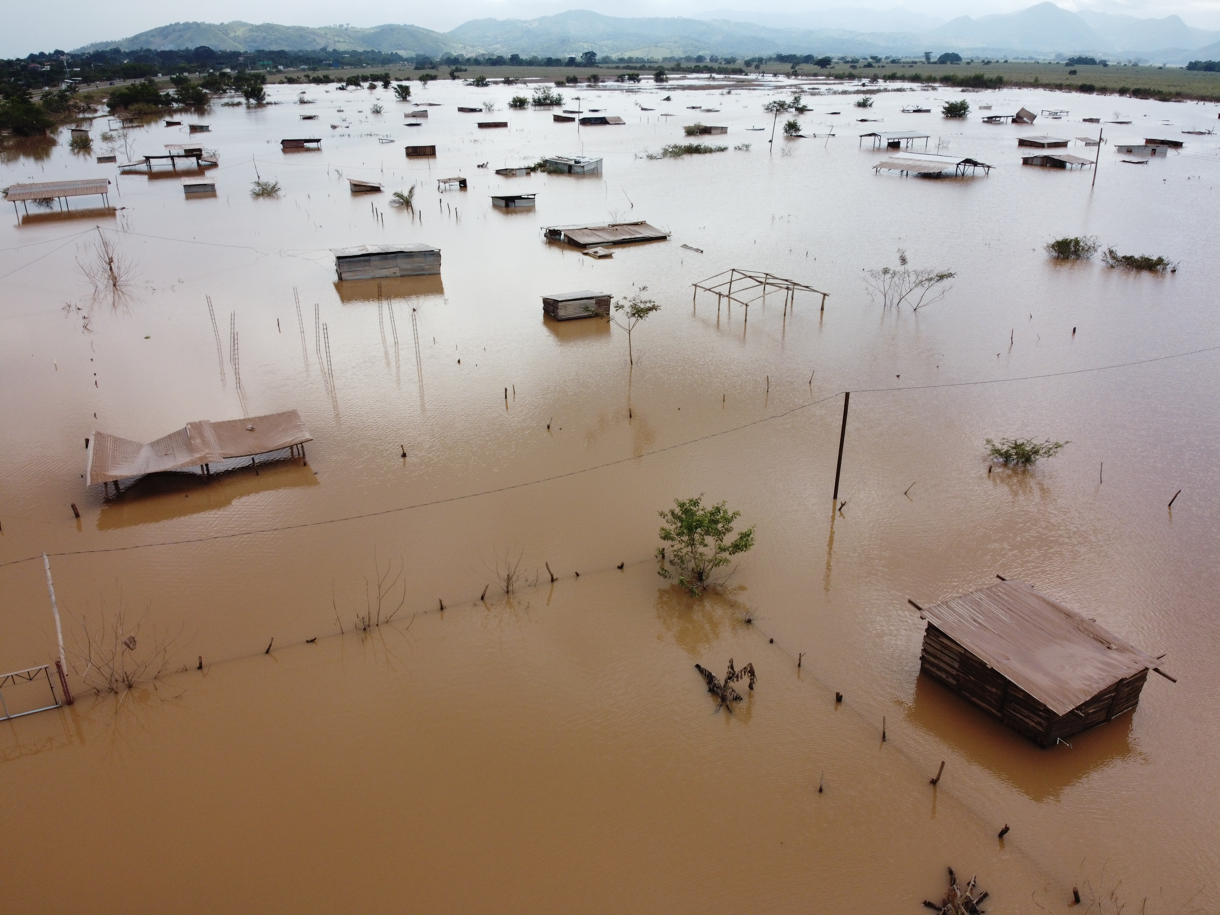View of homes hit by flooding from a hurricane in Honduras