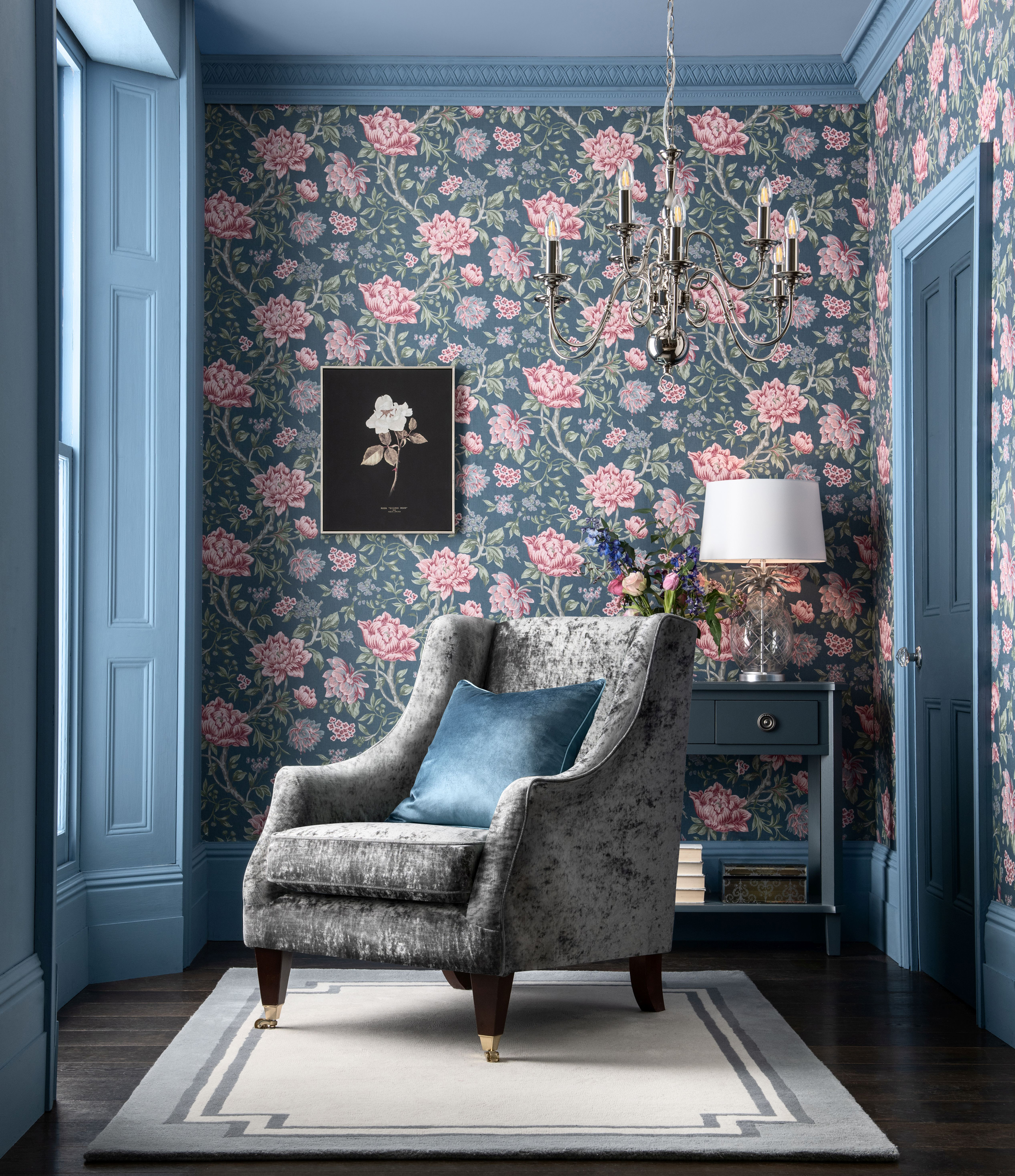 Room styled with Laura Ashley Tapestry Floral Wallpaper - Dark Seaspray