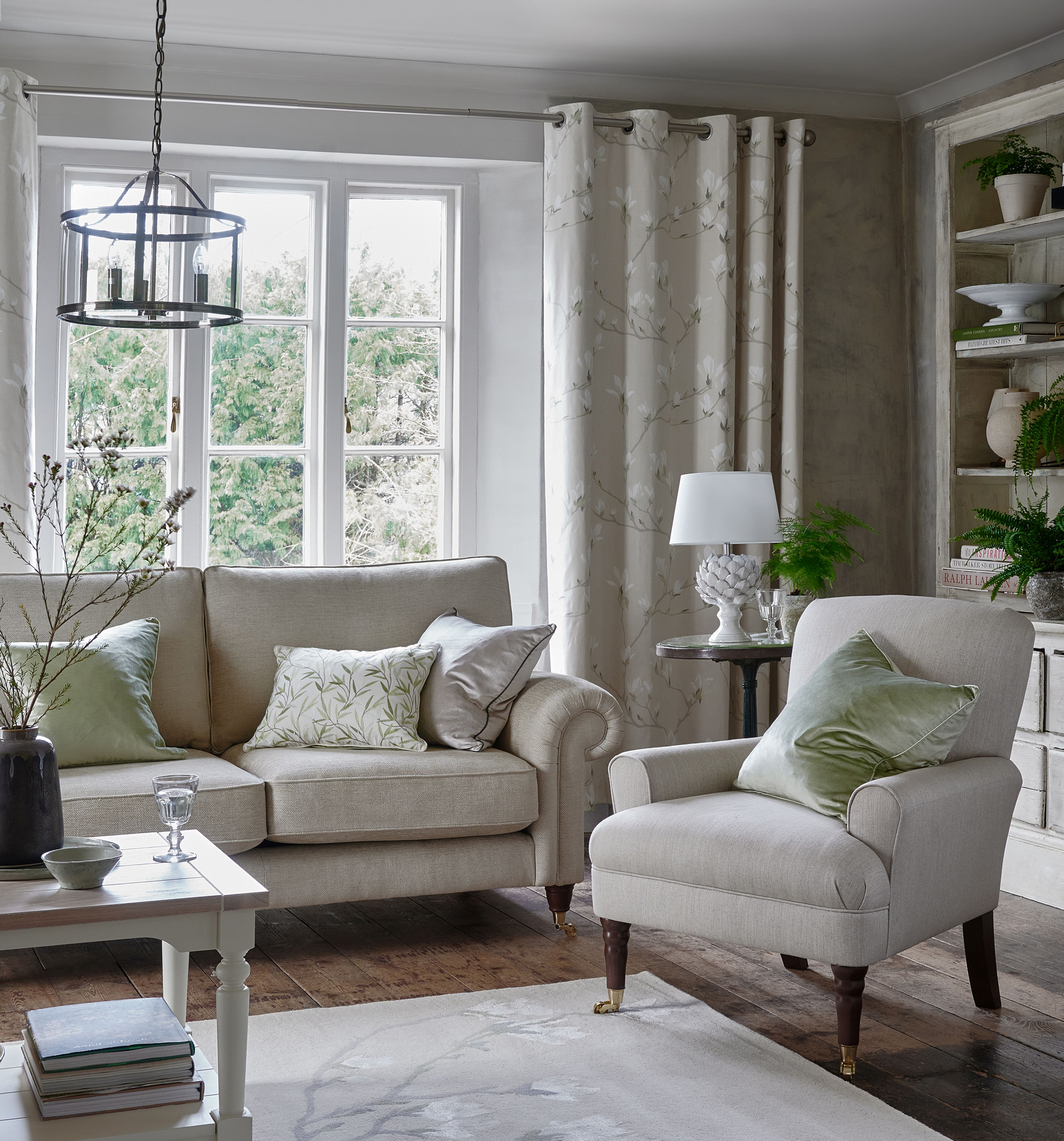 Room styled with Laura Ashley Magnolia Grove Eyelet Curtains and Magnolia Grove Wallpaper - Natural