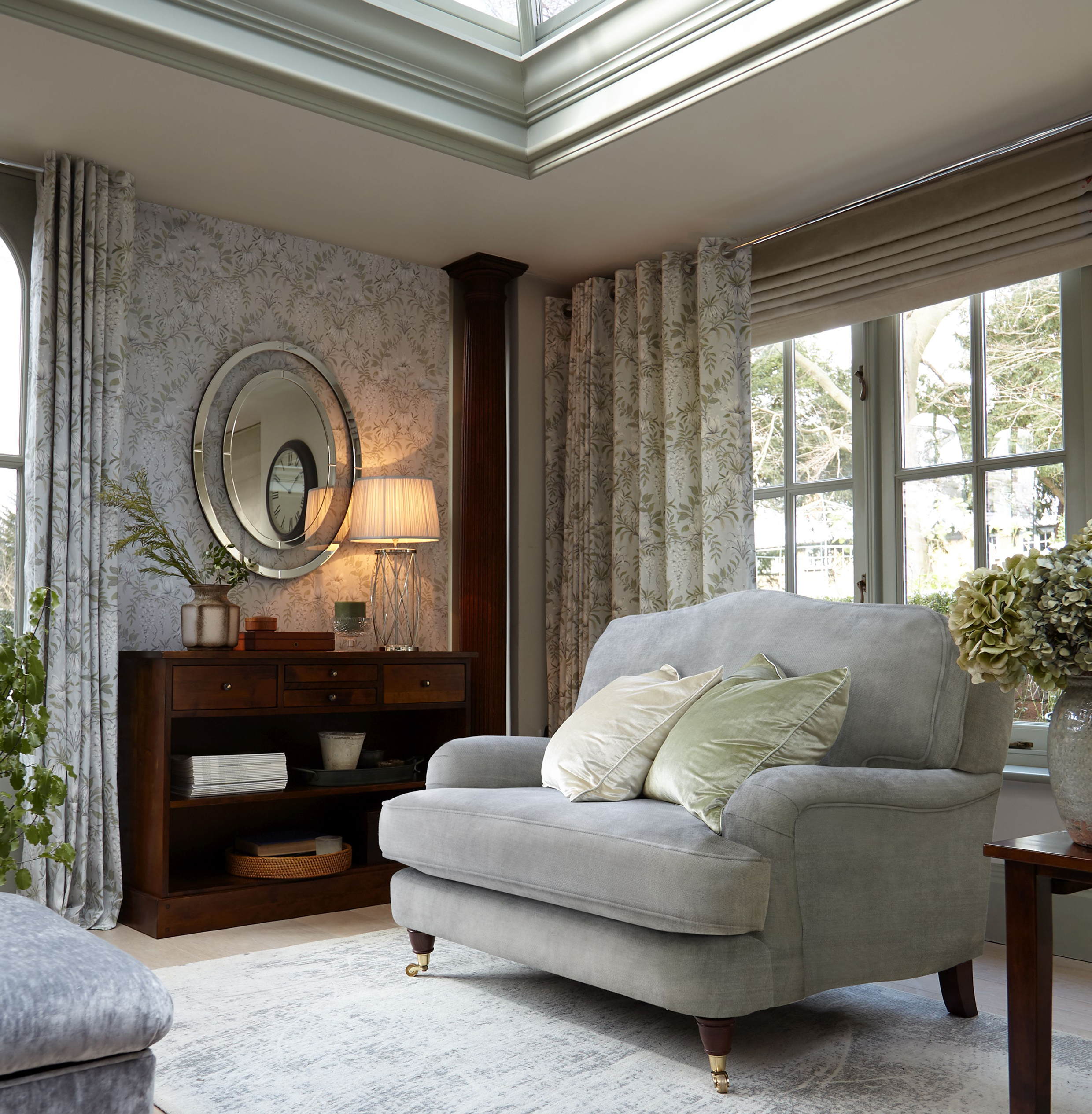 Room styled with Laura Ashley Parterre Wallpaper - Sage and Parterre Eyelet Curtains