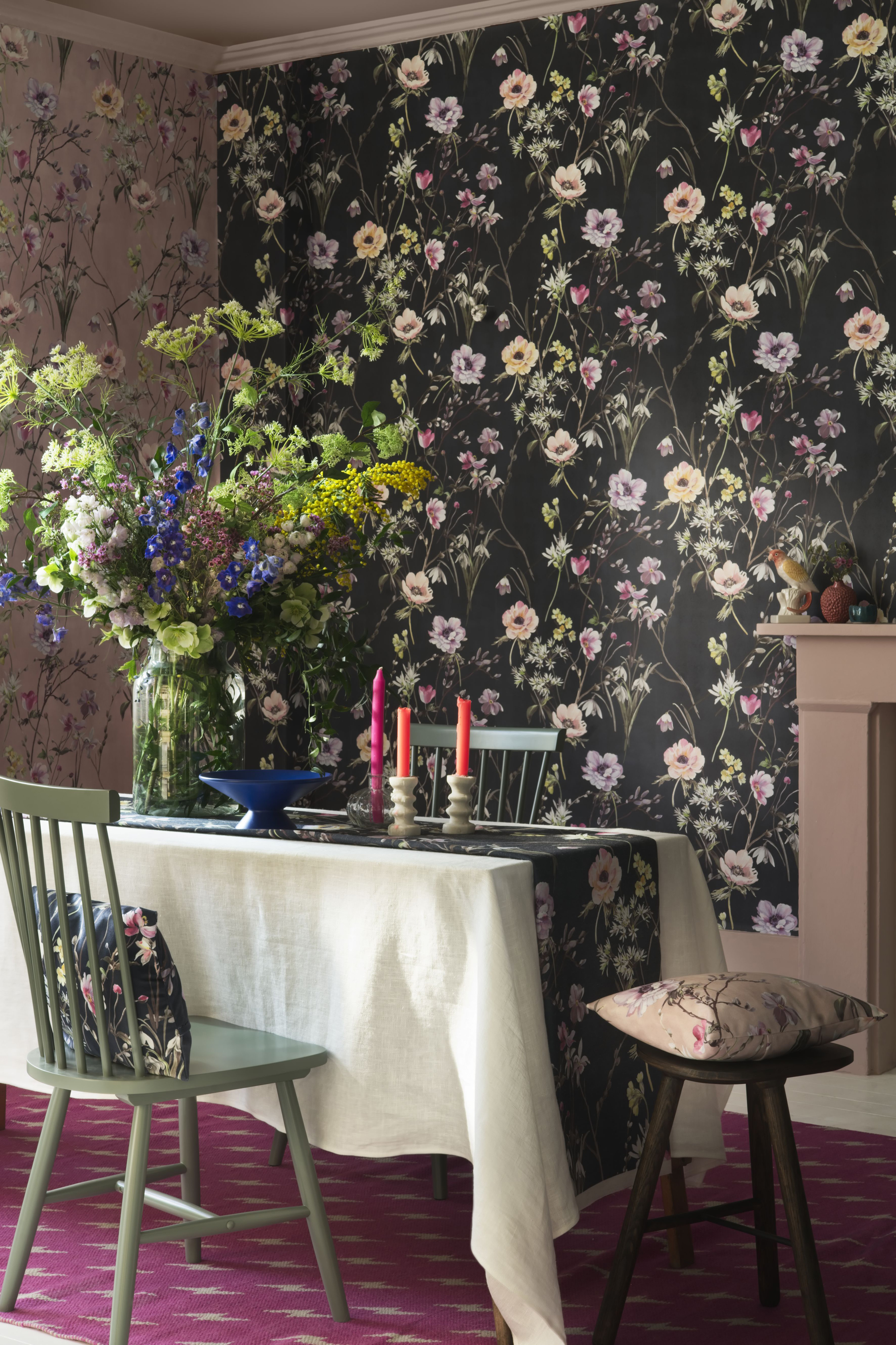 Room styled with Hope and Bloom Navy and Hope and Bloom Dusky Pink wallpaper