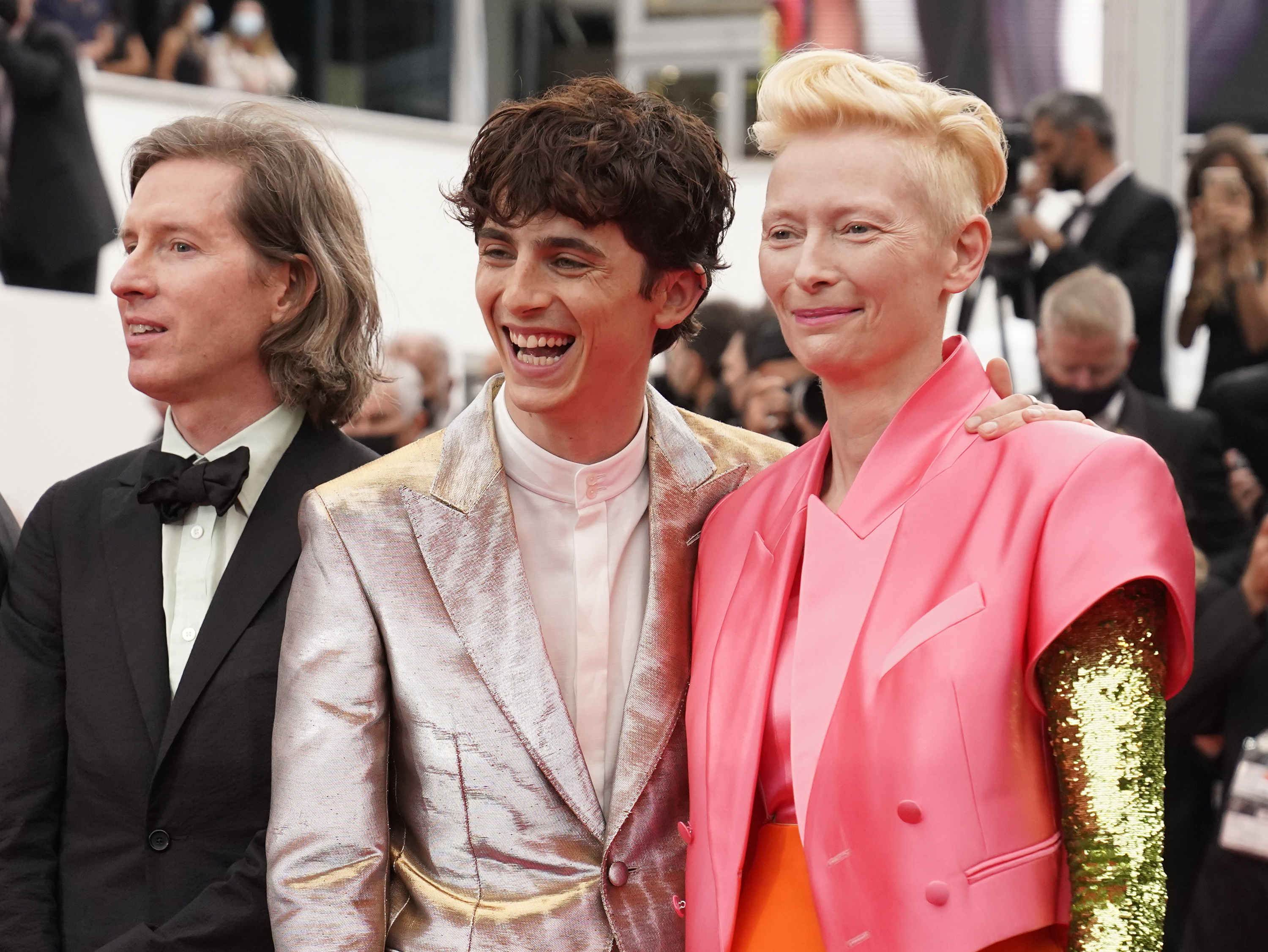 Wes Anderson (L), Timothee Chalamet and Tilda Swinton (R)