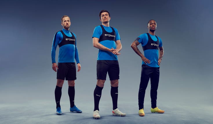Harry Kane, Harry Maguire and Raheem Sterling, l-r, model STATSports tracking vests