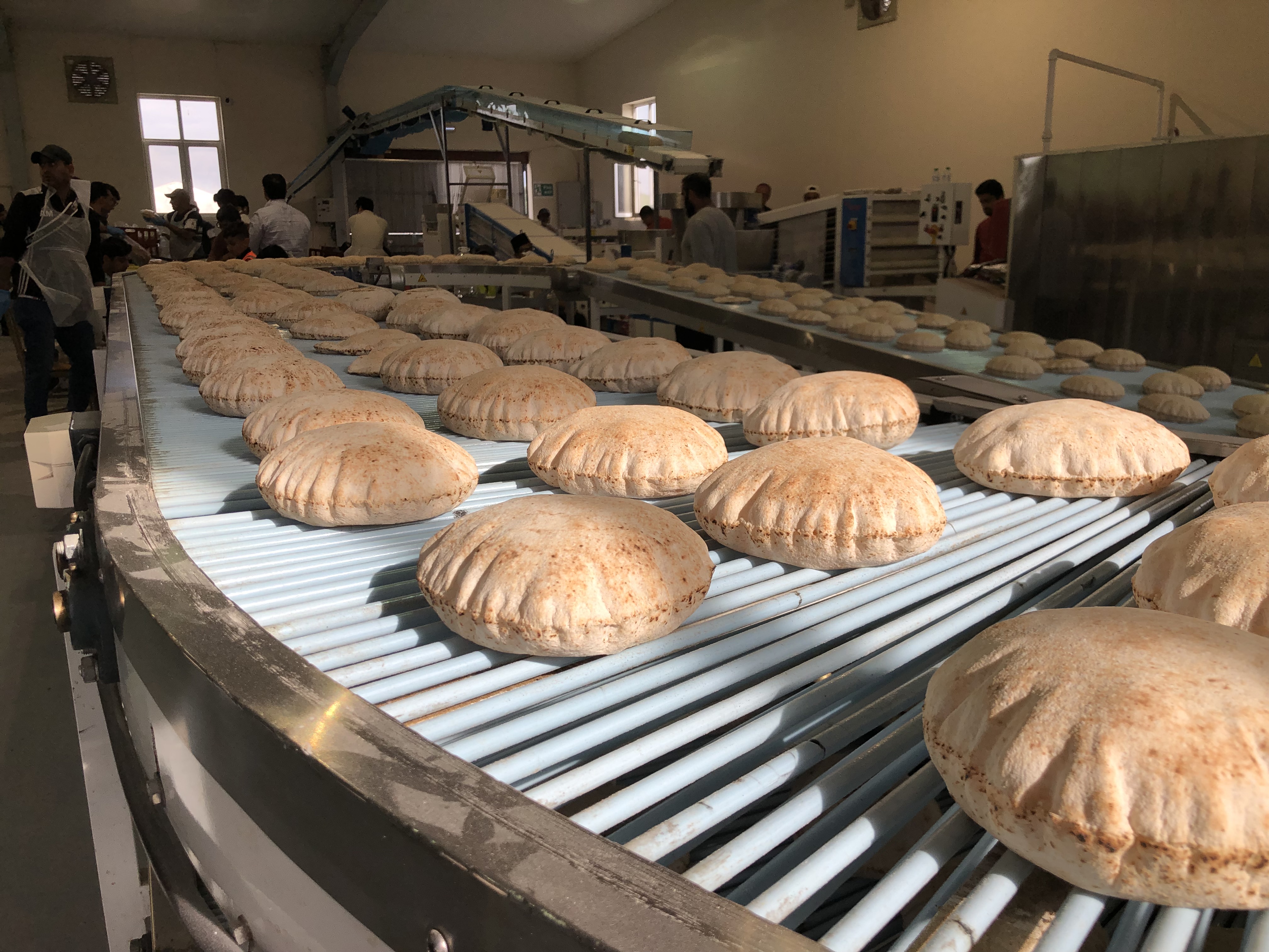 Rotis on a conveyor belt in the onsite bread factory