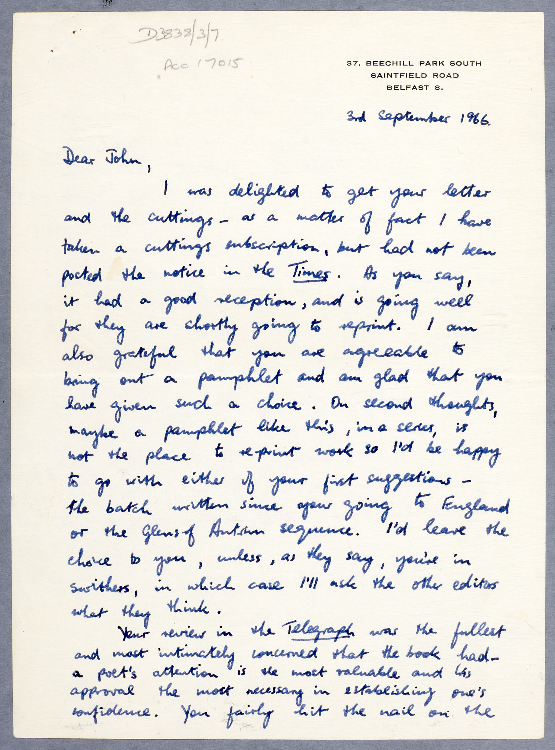 Seamus Heaney鈥檚 letter to John Hewitt in September 1966