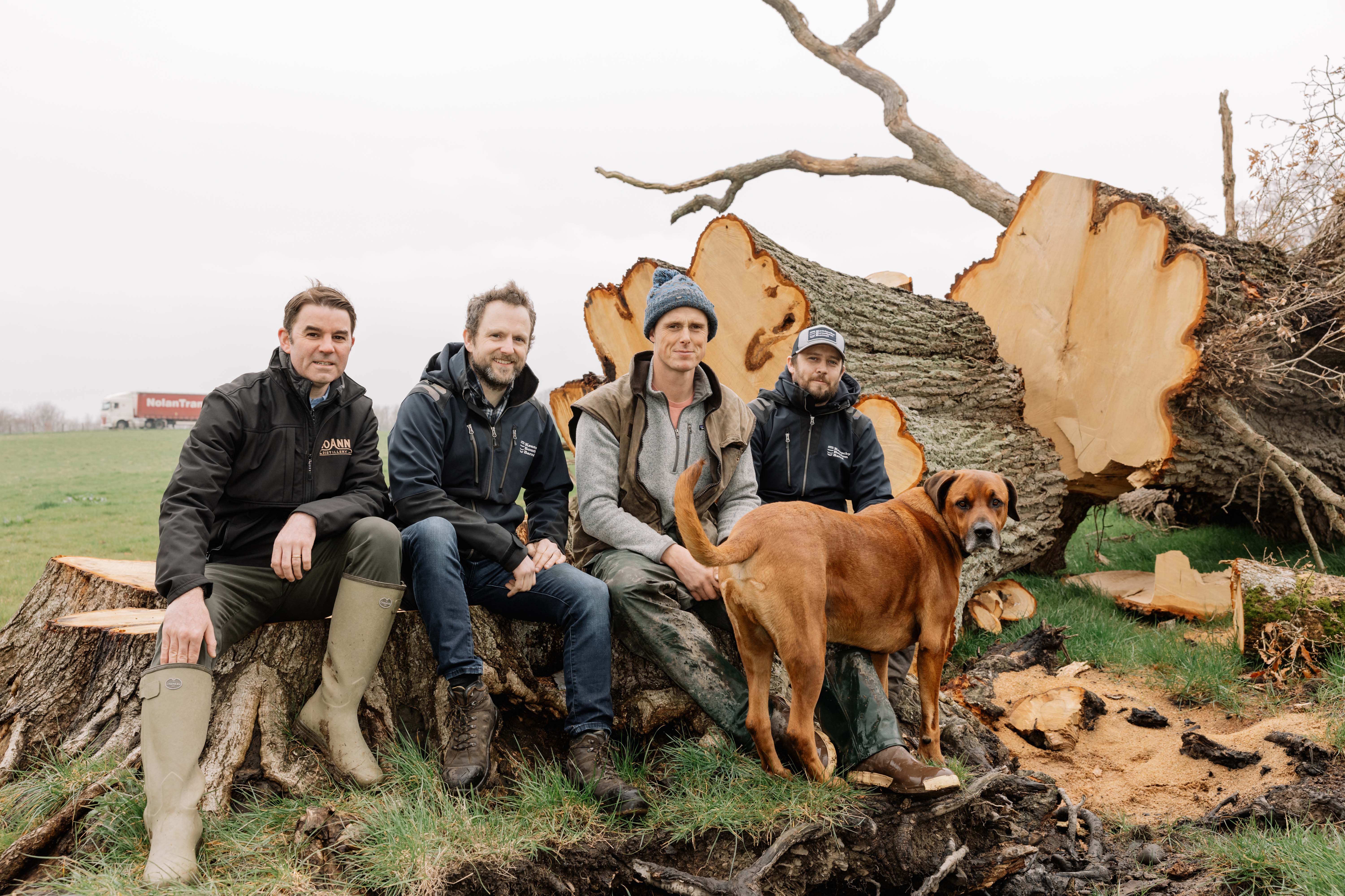 Peter Cooney of Boann Distillery, Mark Quick of Kentucky Bourbon Barrel, Arthur Preston of Swainstown Farm, Ian Leonard of Kentucky Bourbon Barrel with Baru on Swainstown Farm, Co. Meath