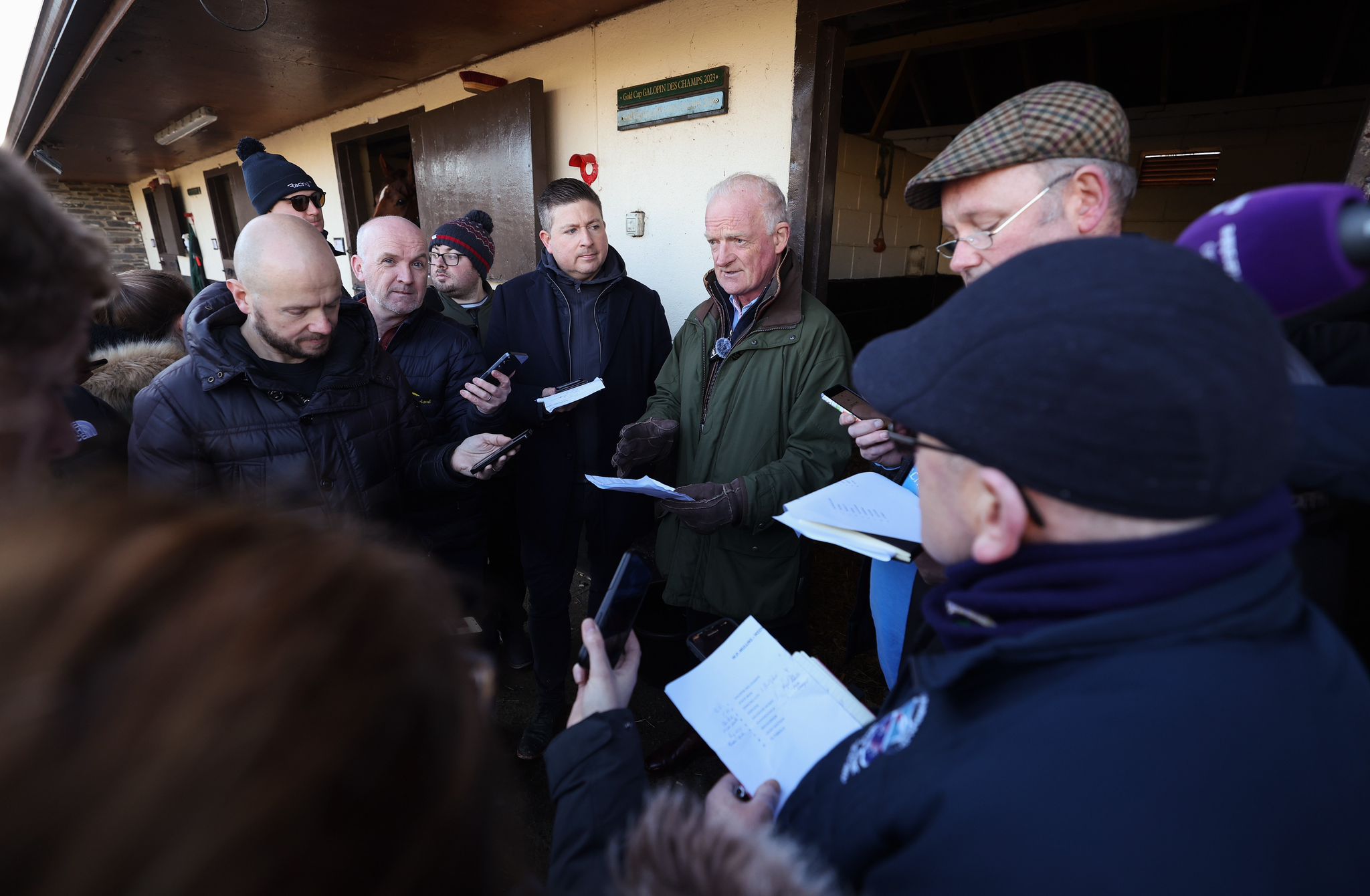 Willie Mullins talks to the media at his Closutton yard