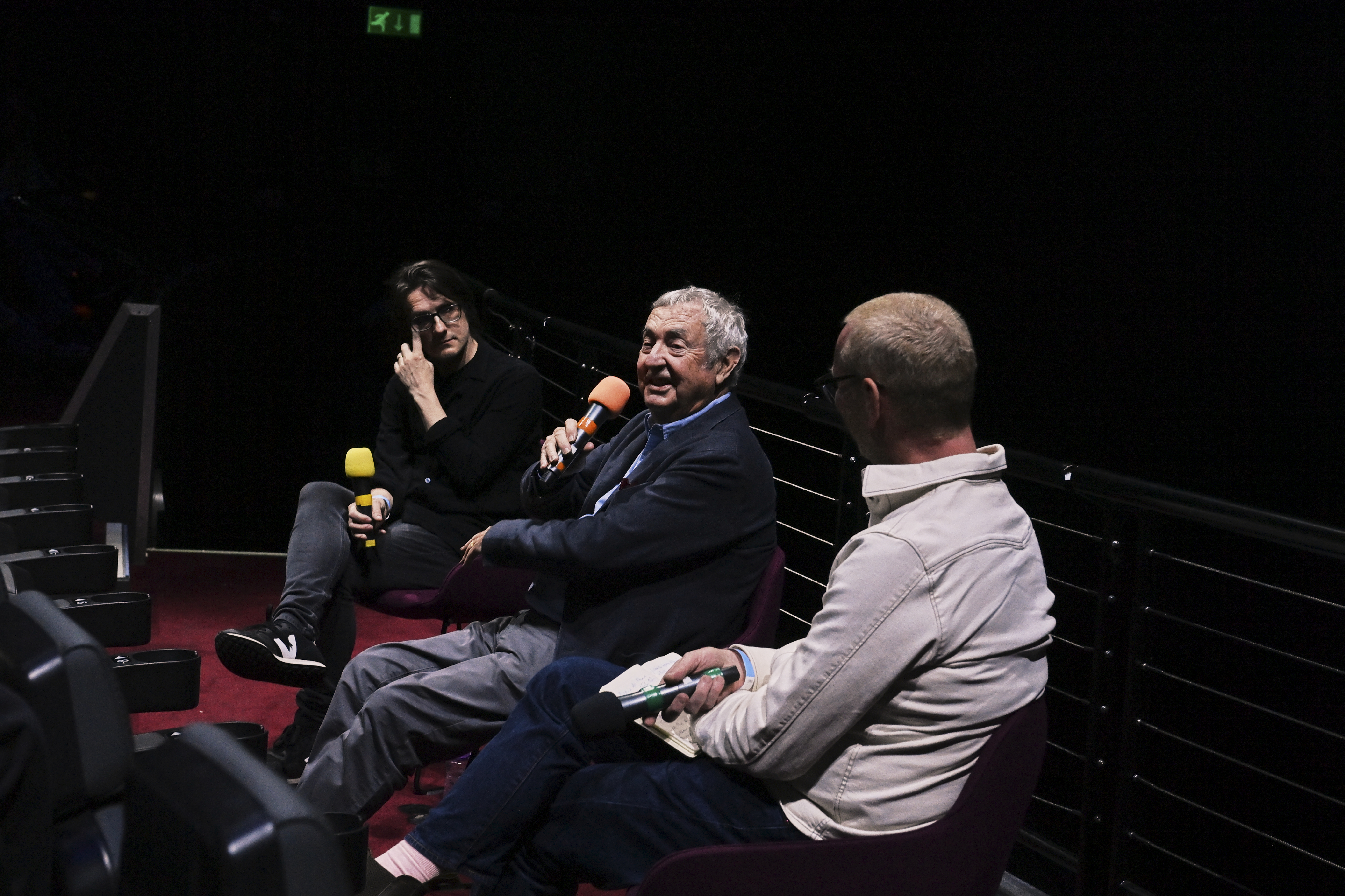 Nick Mason (centre) chatting with Steven Wilson (left)