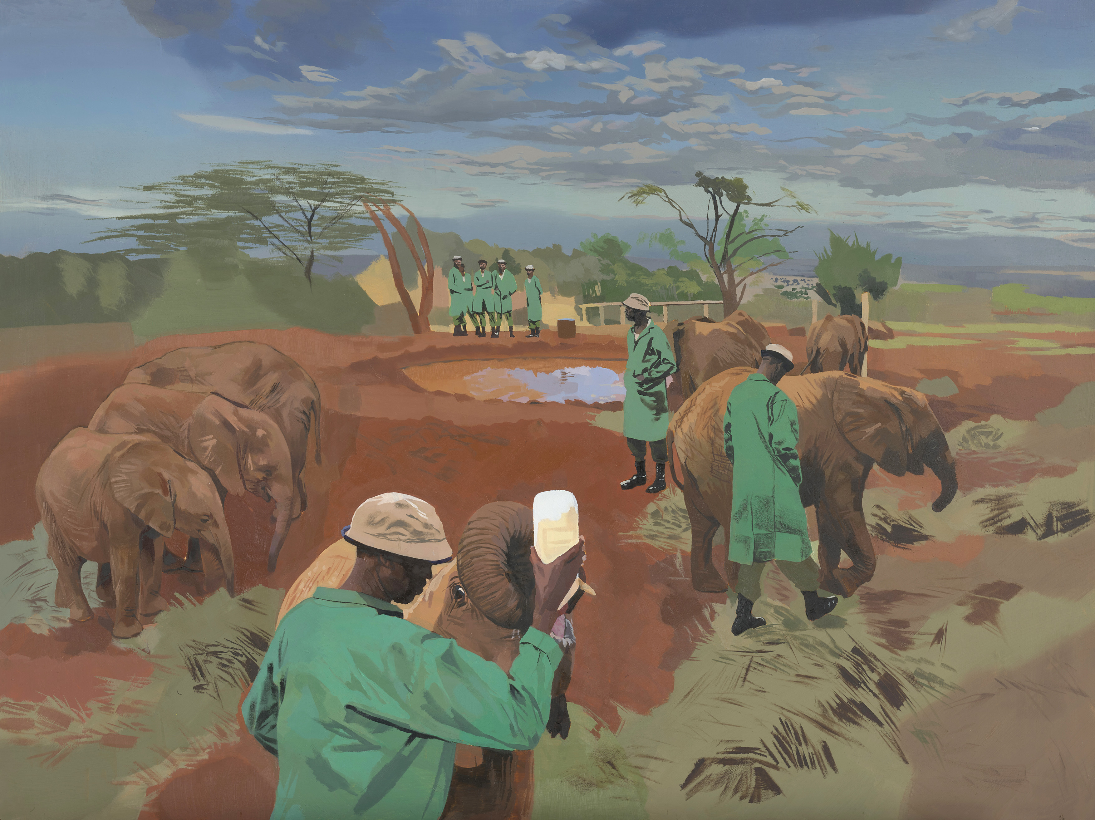 A painting by Philip Butah based on Charles and Camilla's visit to Nairobi National Park to see the elephants and rhinos