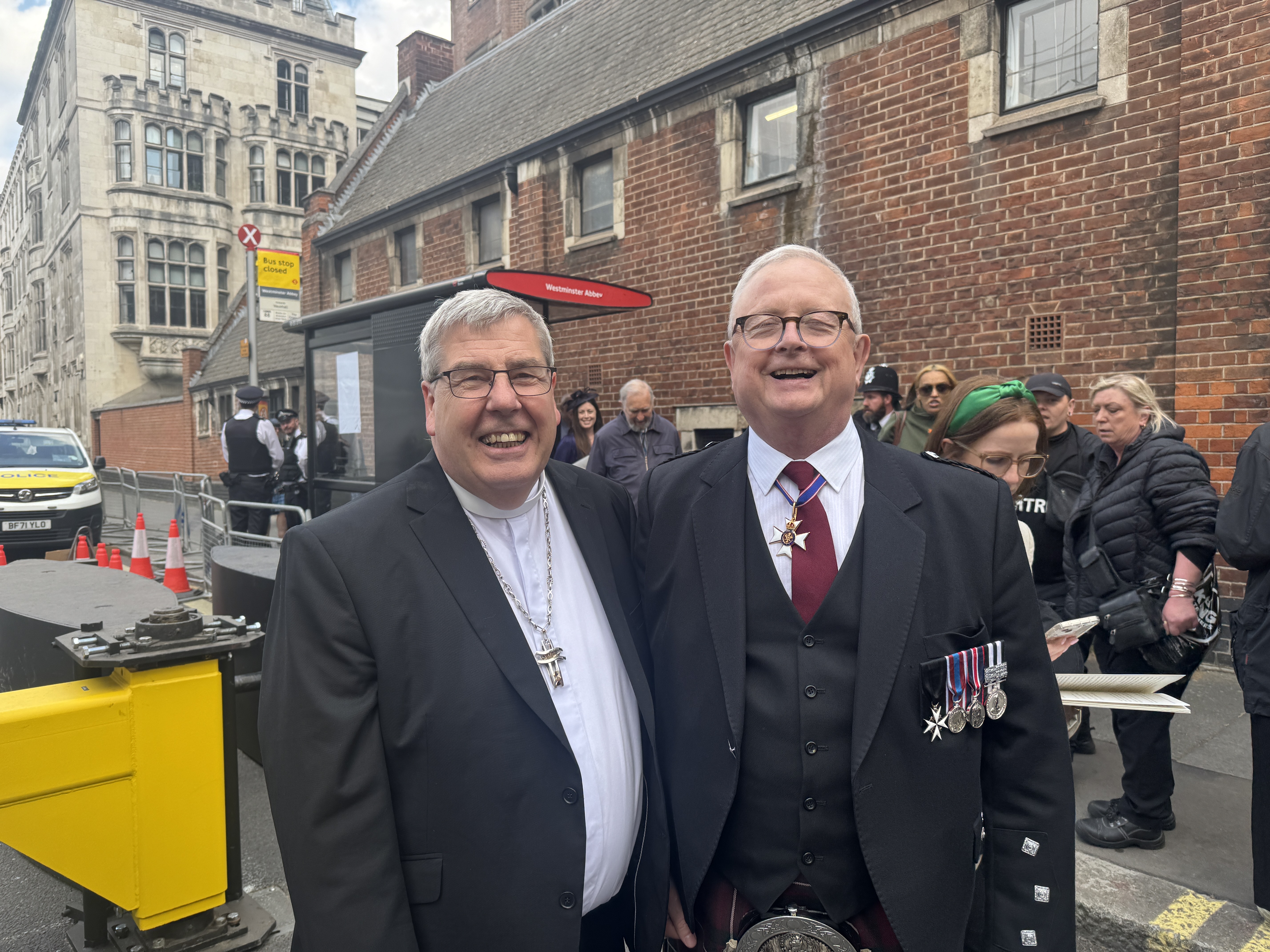 Leader of the Church of Scotland Shaw Paterson (left) and Lord Lyon King of Arms Joe Morrow outside Westminster Abbey