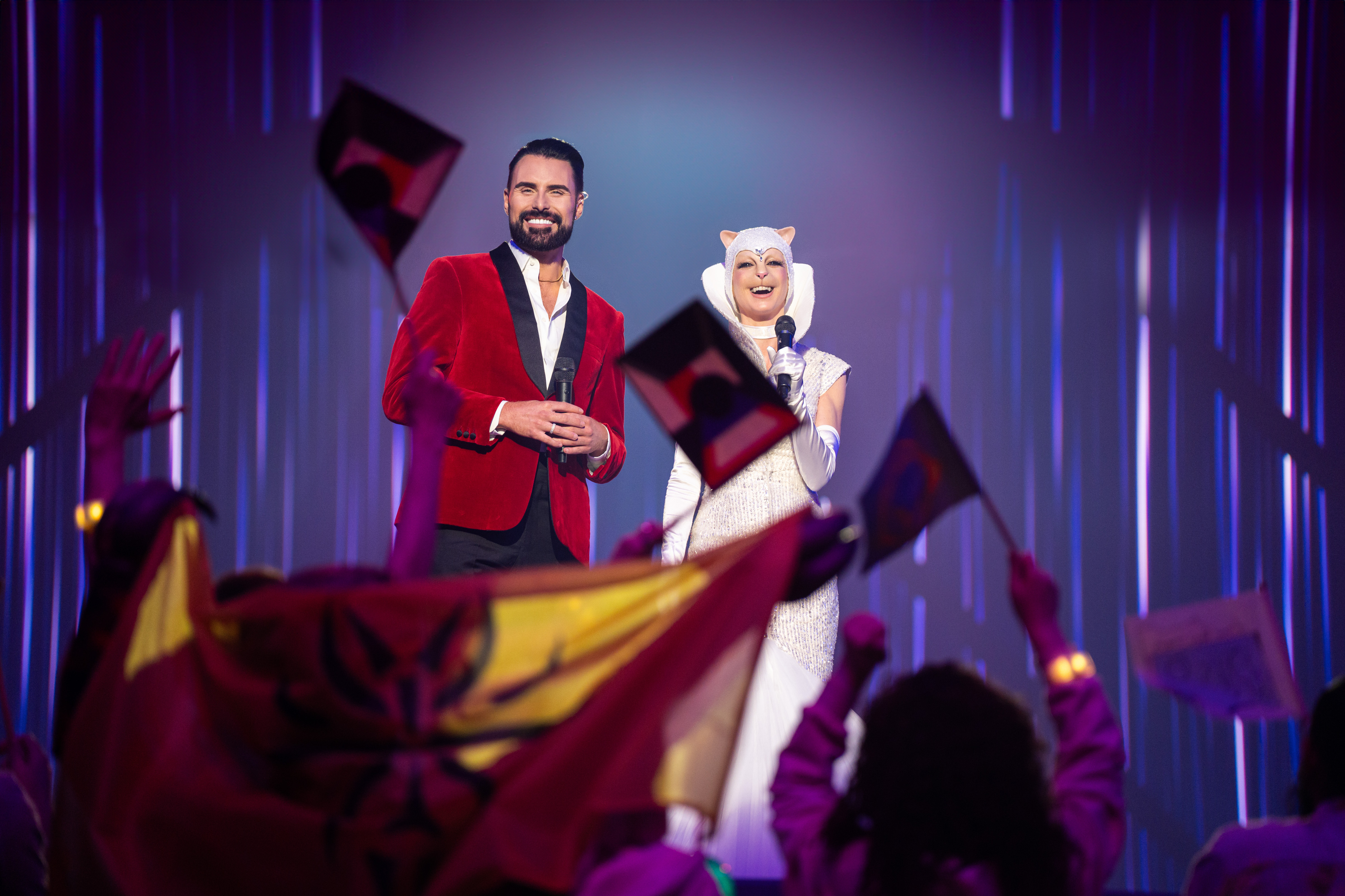 Rylan Clark and Sabine (Julie Dray) pictured in Doctor Who's Eurovision-themed episode