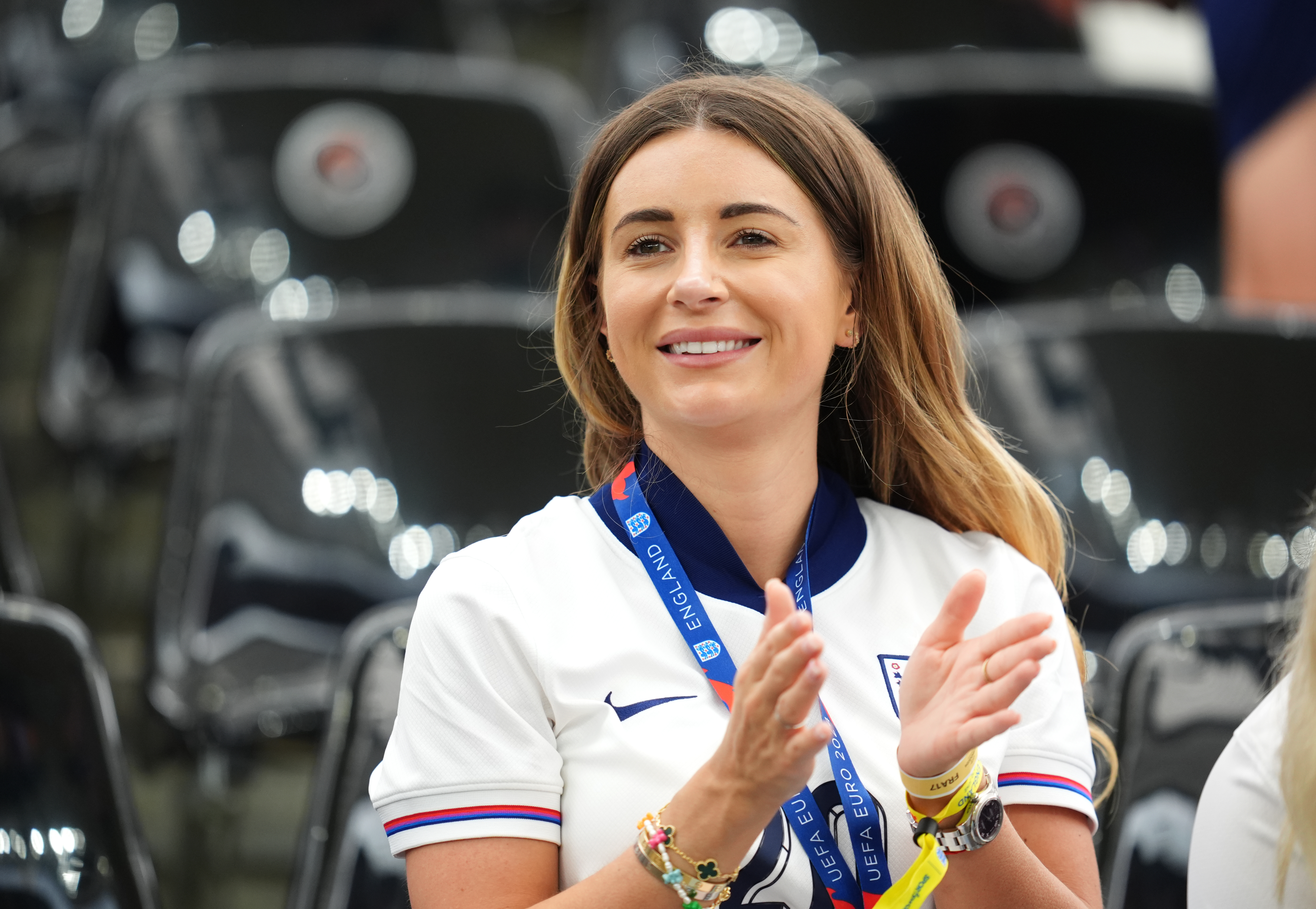 Dani Dyer, partner of England's Jarrod Bowen, in the stands before the UEFA Euro 2024 match at the Frankfurt Arena in Frankfurt, Germany. Picture date: Thursday June 20, 2024.