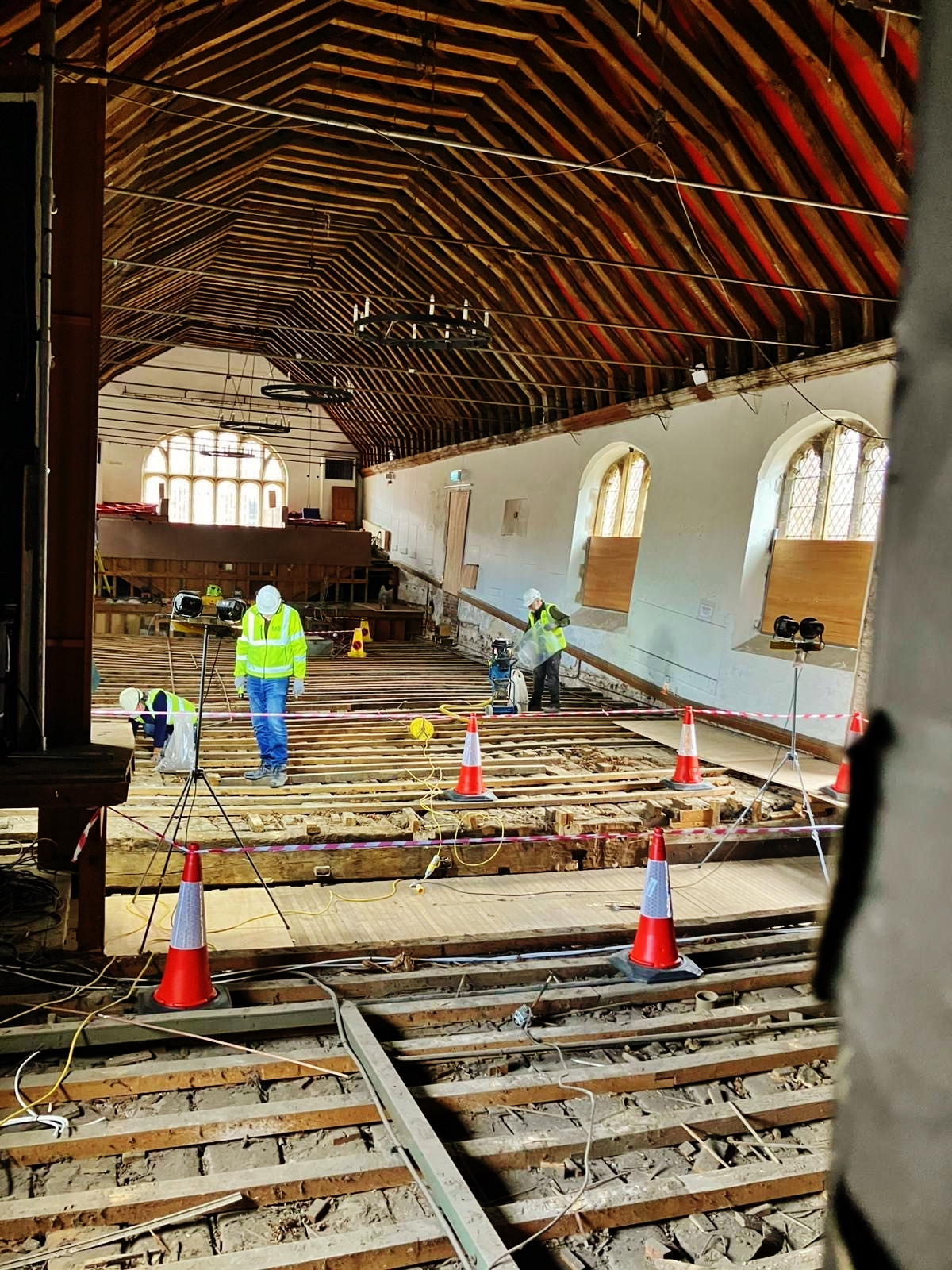 An area of historic timber floor larger than the size of a tennis court has been exposed at St George’s Guildhall in King’s Lynn, Norfolk as part of a heritage project. (St George's Guildhall/ PA)