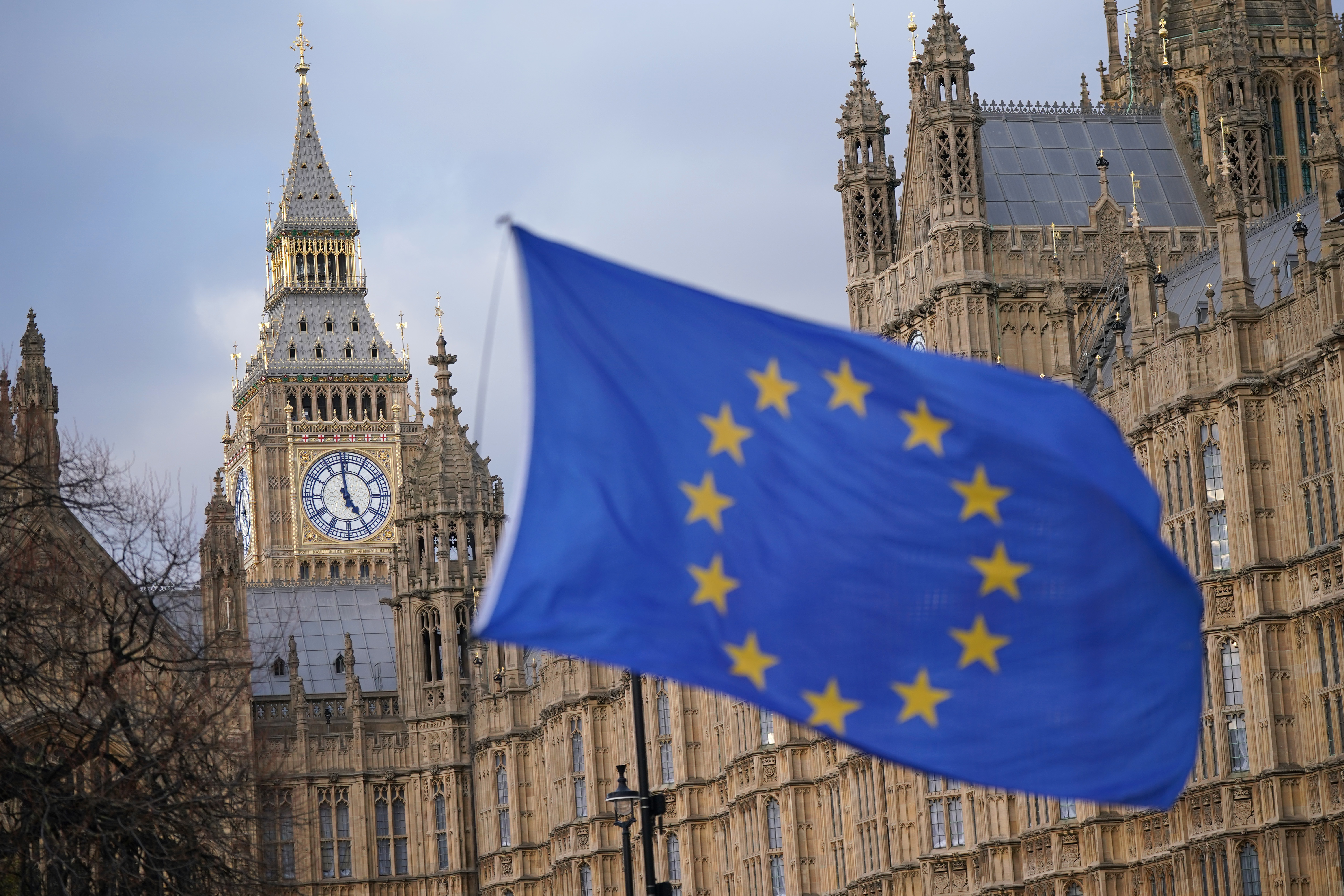 A European Union flag flies outside the Houses of Parliament