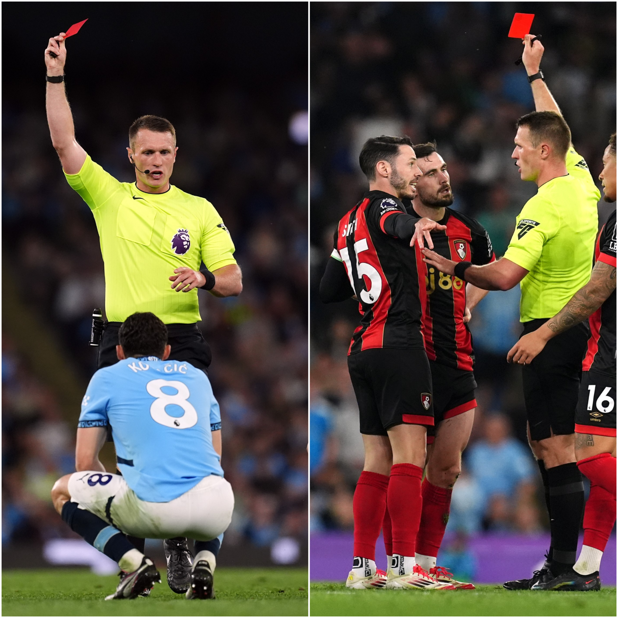 Composite image of referee Thomas Bramall sending off Manchester City's Mateo Kovacic, left, and Bournemouth's Lewis Cook