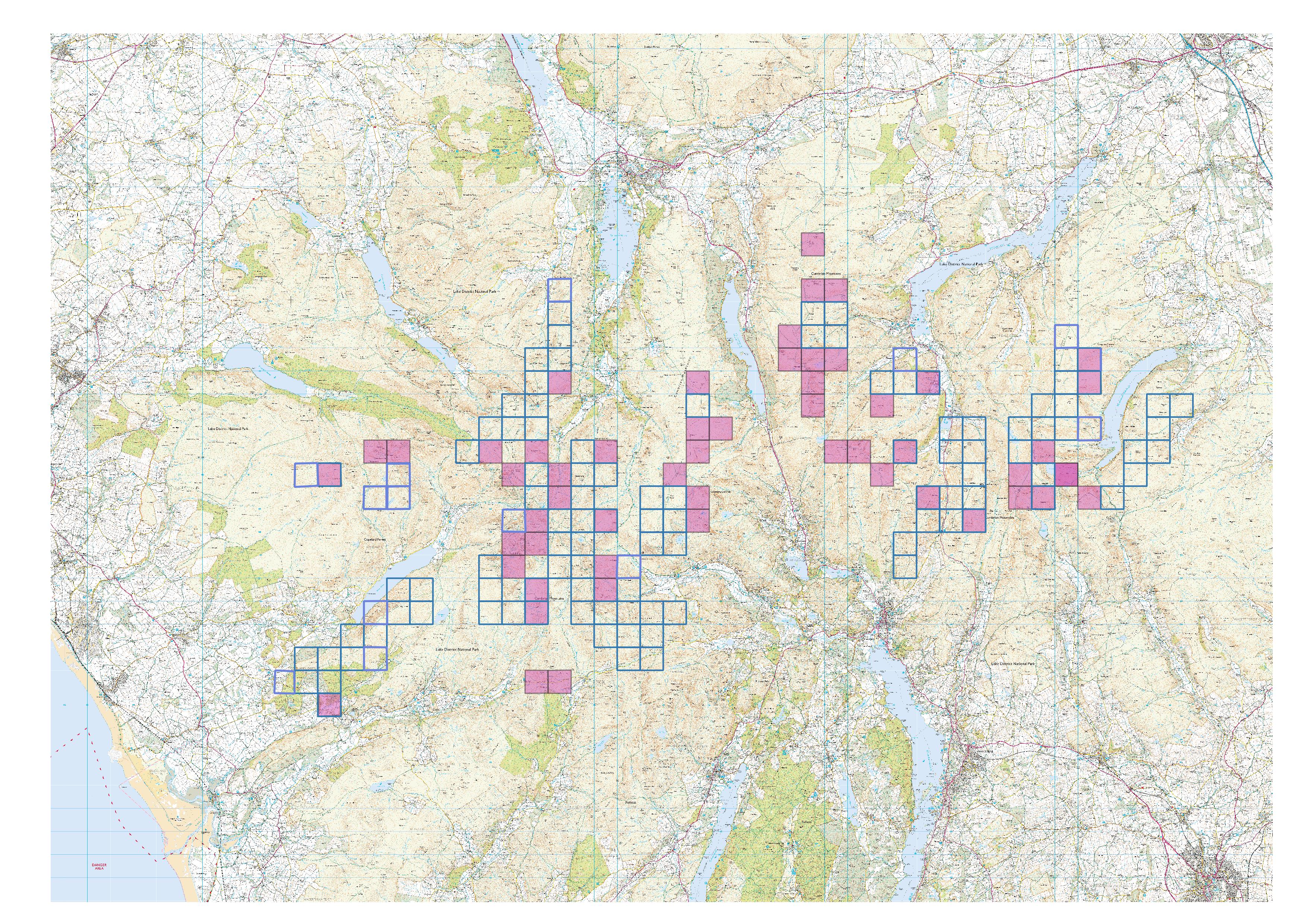 A map of the Lake District with blue squares showing existing sightings and pink squares where Butterfly Conservation is most keen for people to look