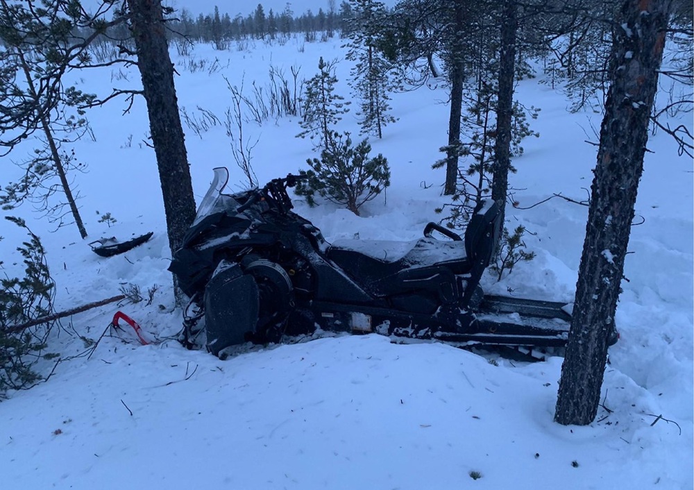 The snowmobile, pictured after the crash, veered off the track during a turn (Andrew Cannestra/Scala/PA)