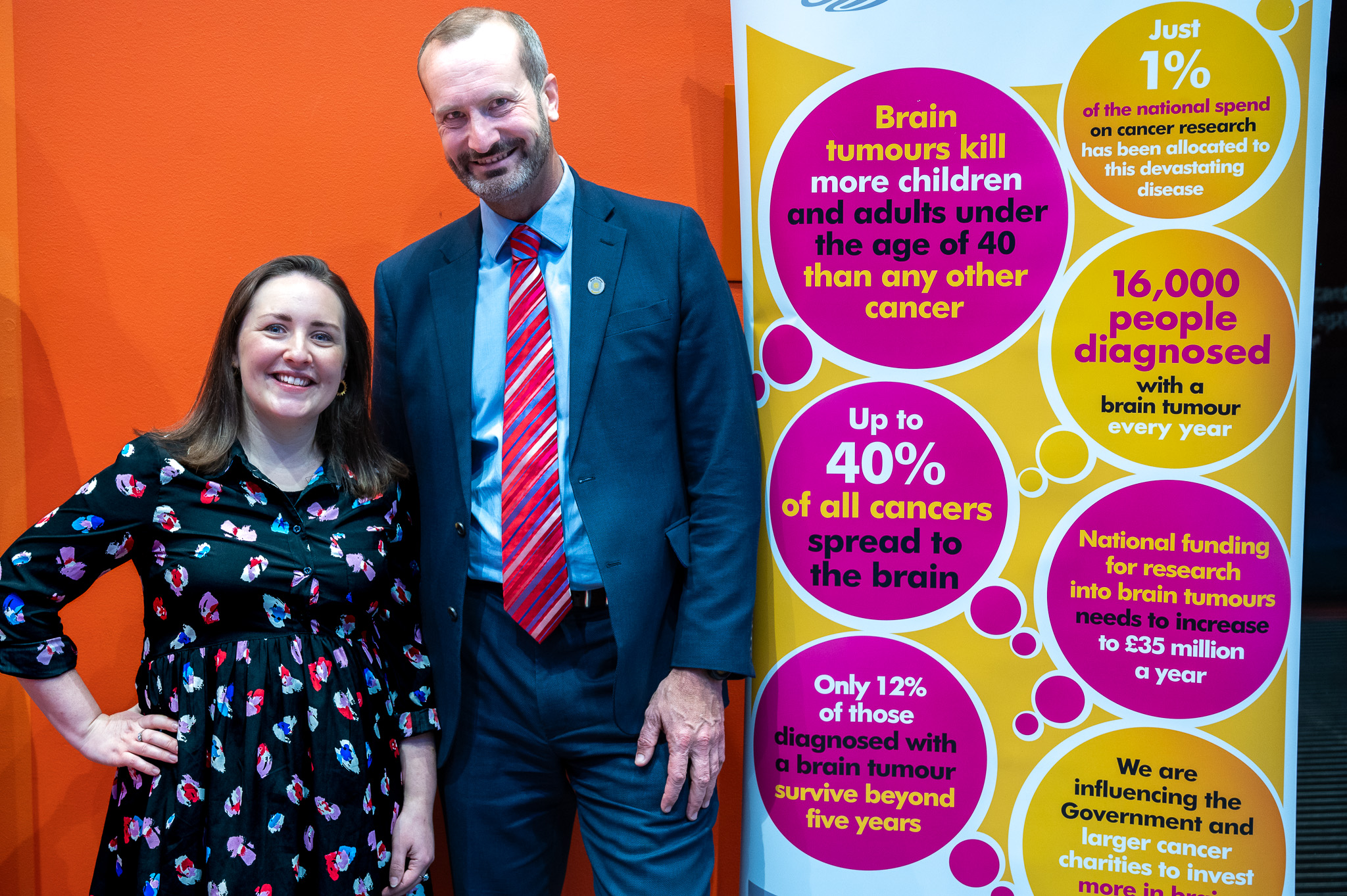 Theo Burrell and Dan Knowles smiling, next to a poster detailing information about brain tumours