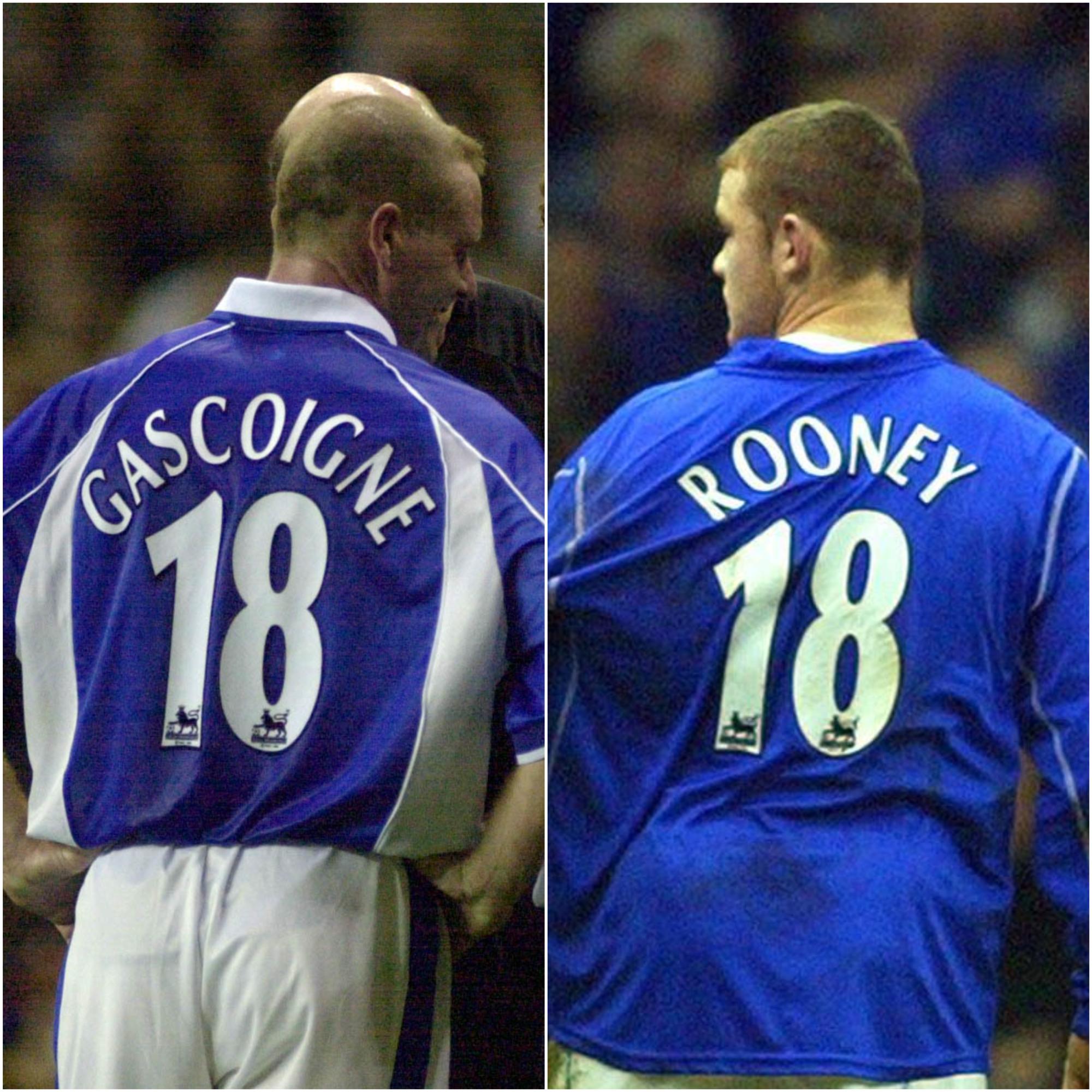 Composite image of Paul Gascoigne, left, and Wayne Rooney, both pictured from behind wearing Everton's number 18 shirt